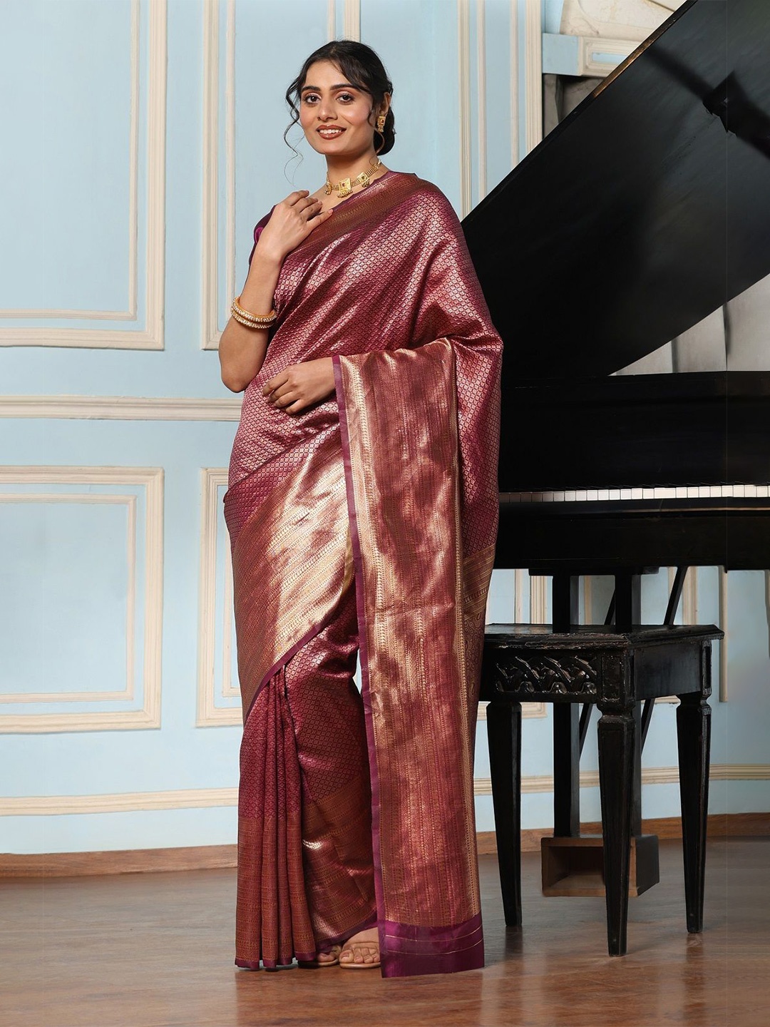 

Mitera Woven Design Zari Silk Blend Kanjeevaram Saree, Purple