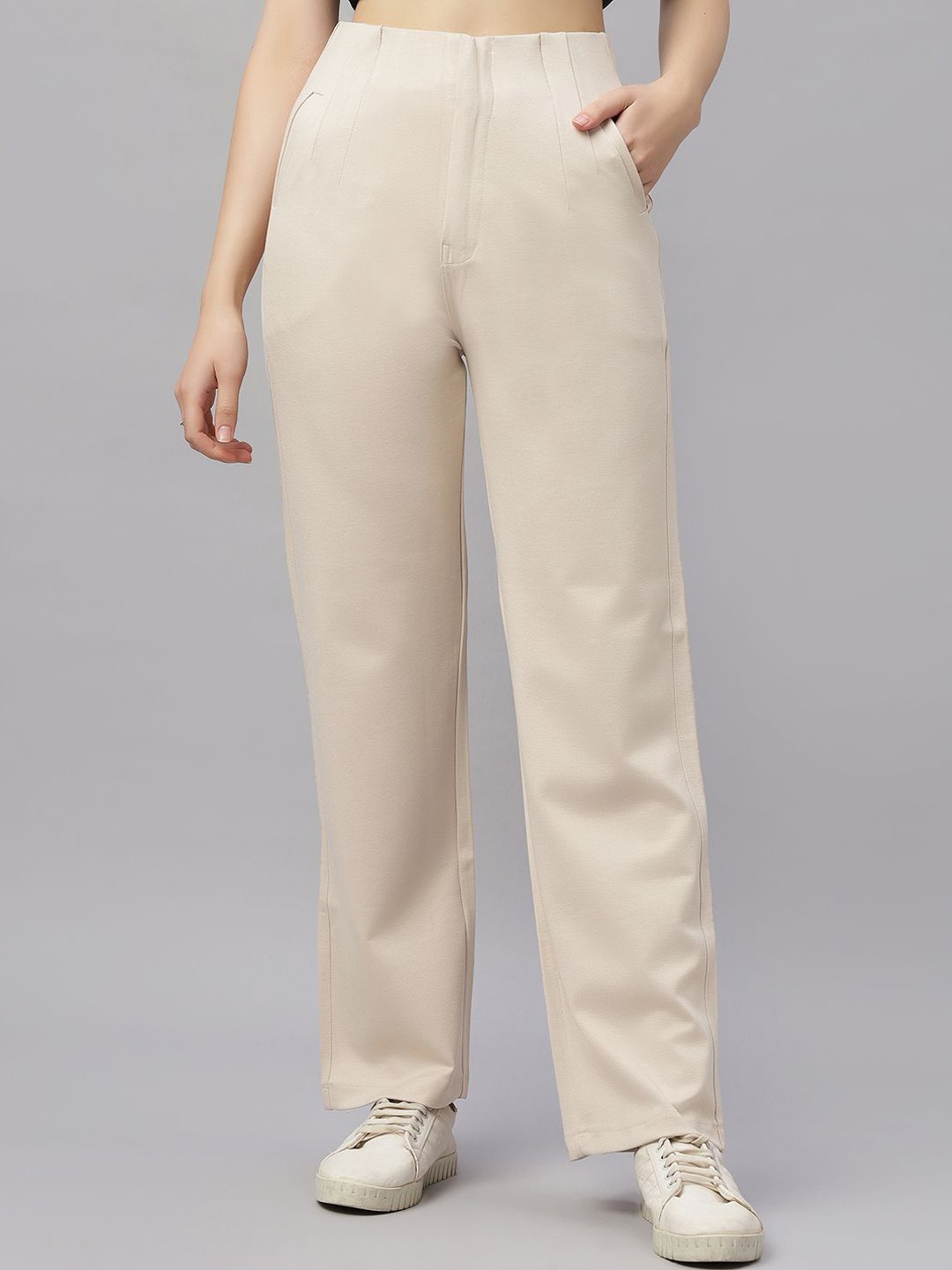 

ZUYA Women Loose Fit High-Rise Trousers, Beige