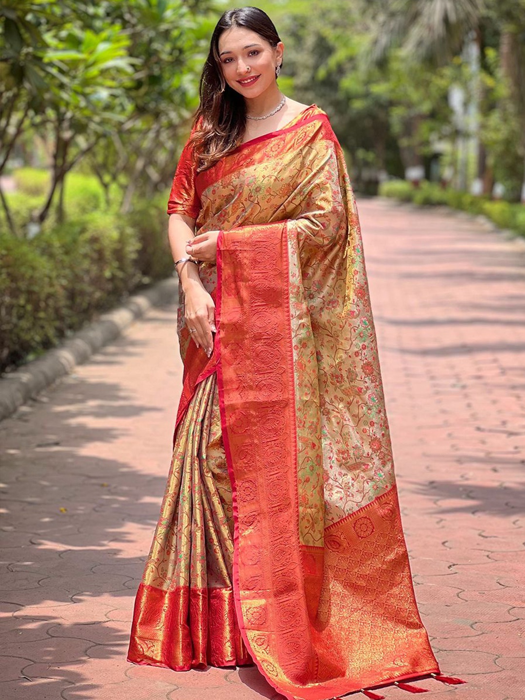 

all about you Woven Design Zari Silk Blend Dharmavaram Saree, Red
