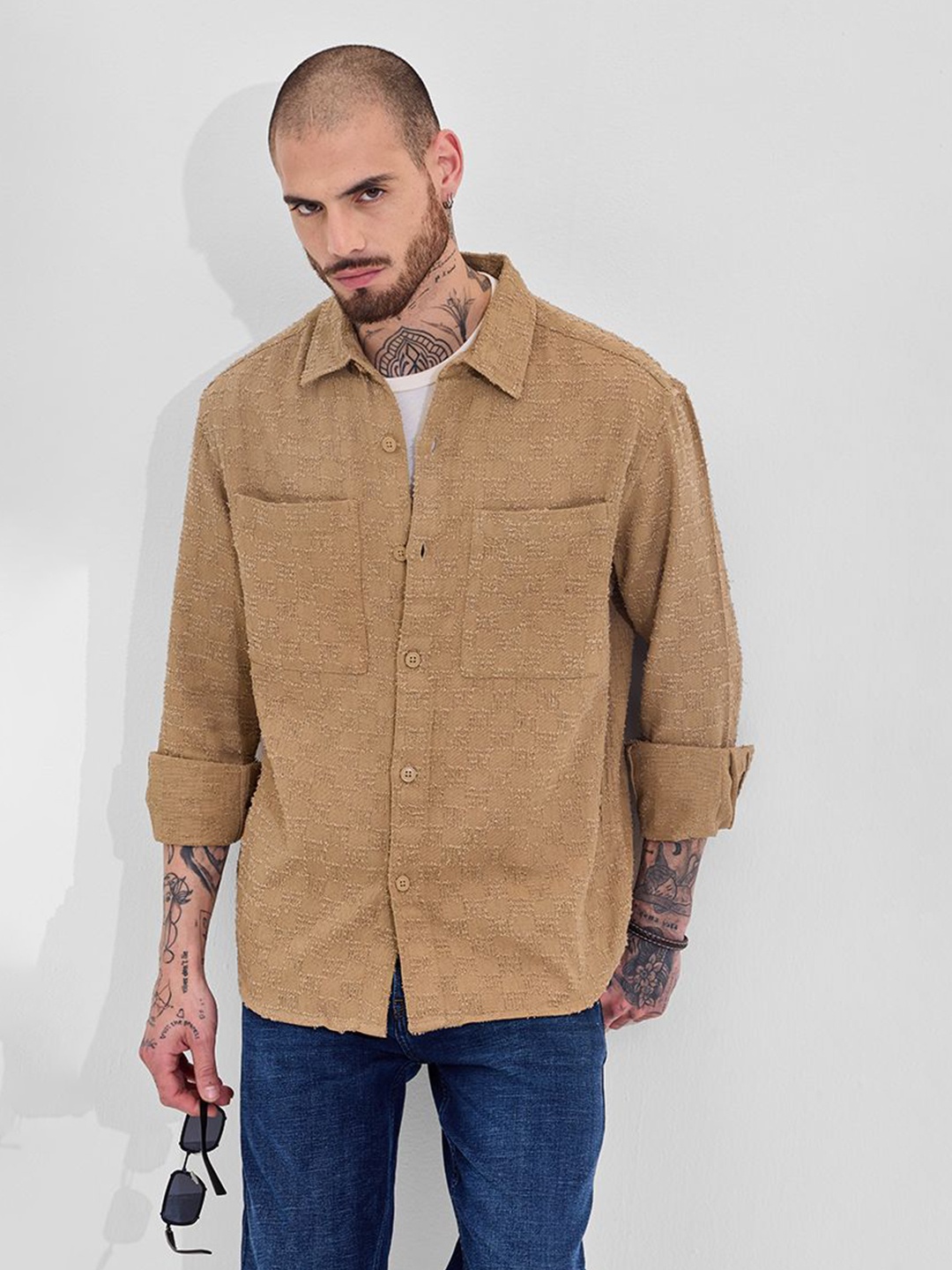 

Snitch Men Relaxed Opaque Formal Shirt, Brown