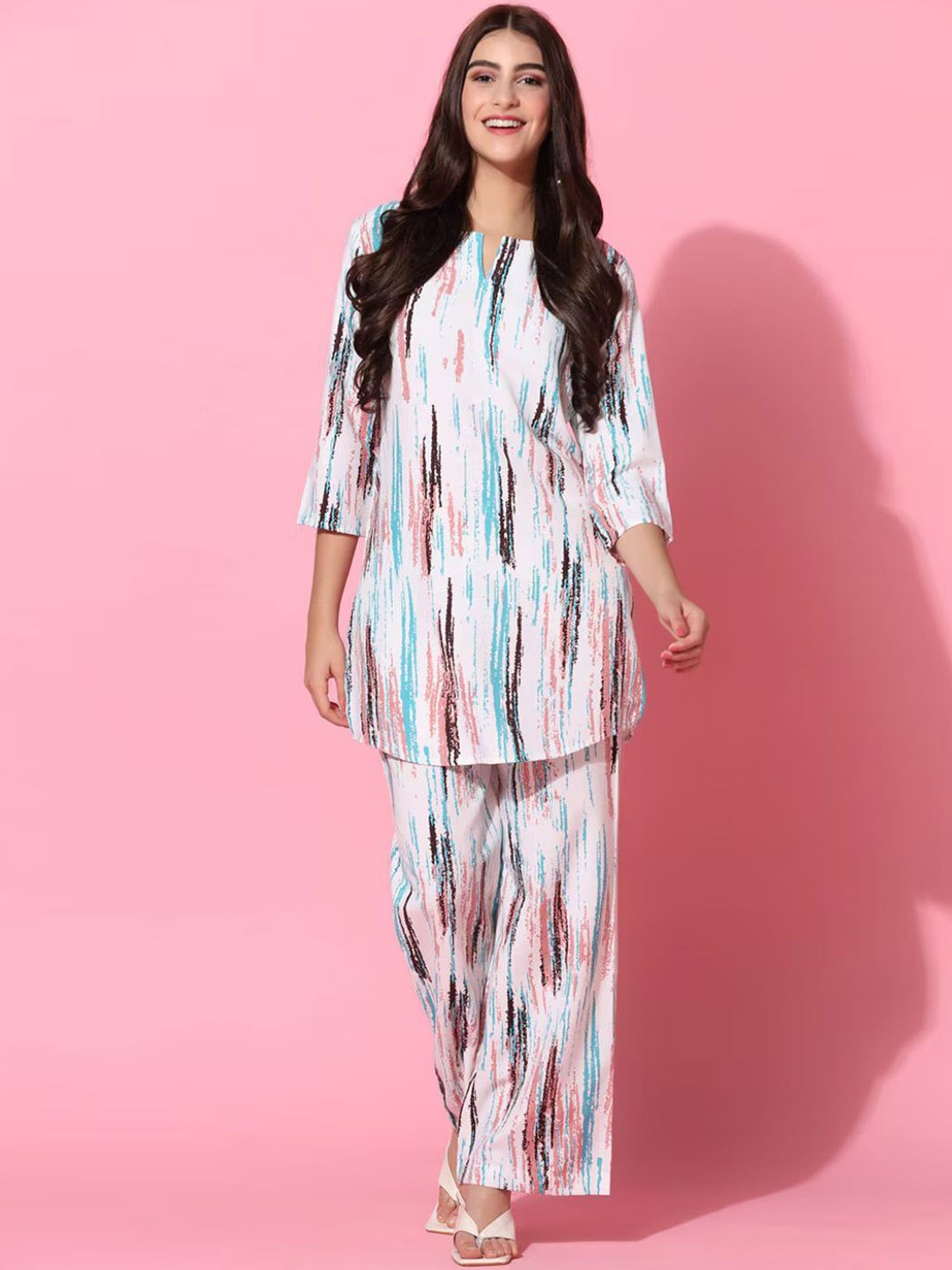 

Jade & Julie Printed Pure Cotton Round Neck Top With Palazzos Co-Ords, White
