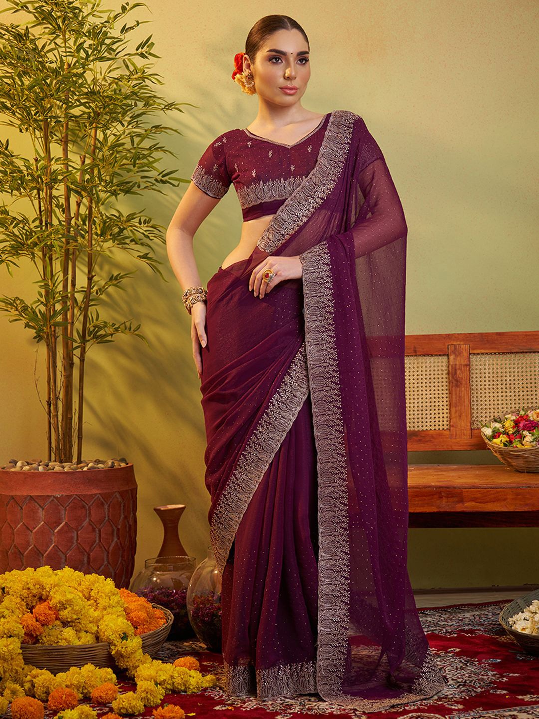 

modeva Embellished Beads and Stones Pure Silk Saree, Purple