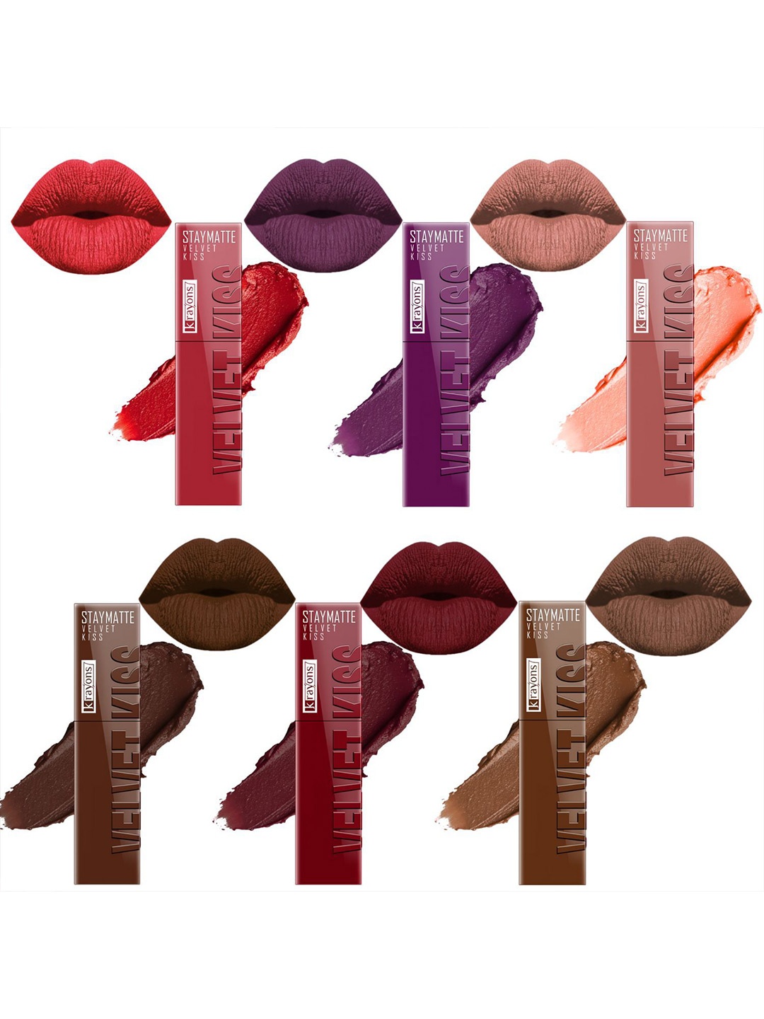 

krayons Set Of 6 Velvet Kiss Non Transfer Liquid Matte Lipstick - 3.5 ml Each, Red