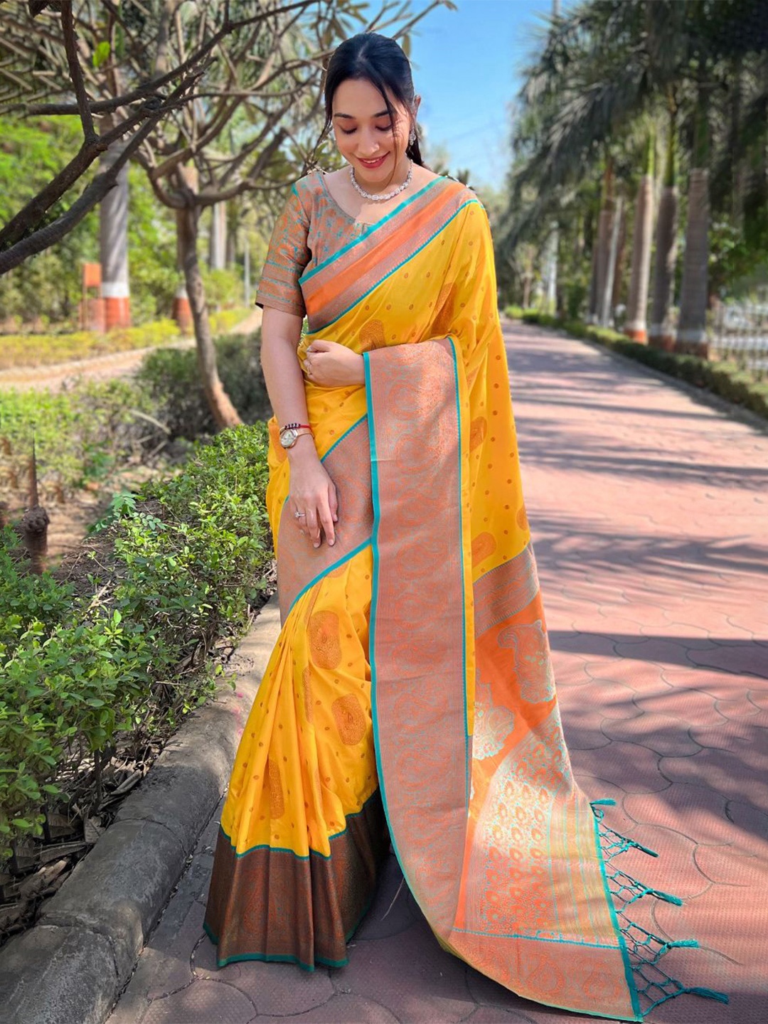

all about you Woven Design Zari Silk Blend Banarasi Saree, Yellow
