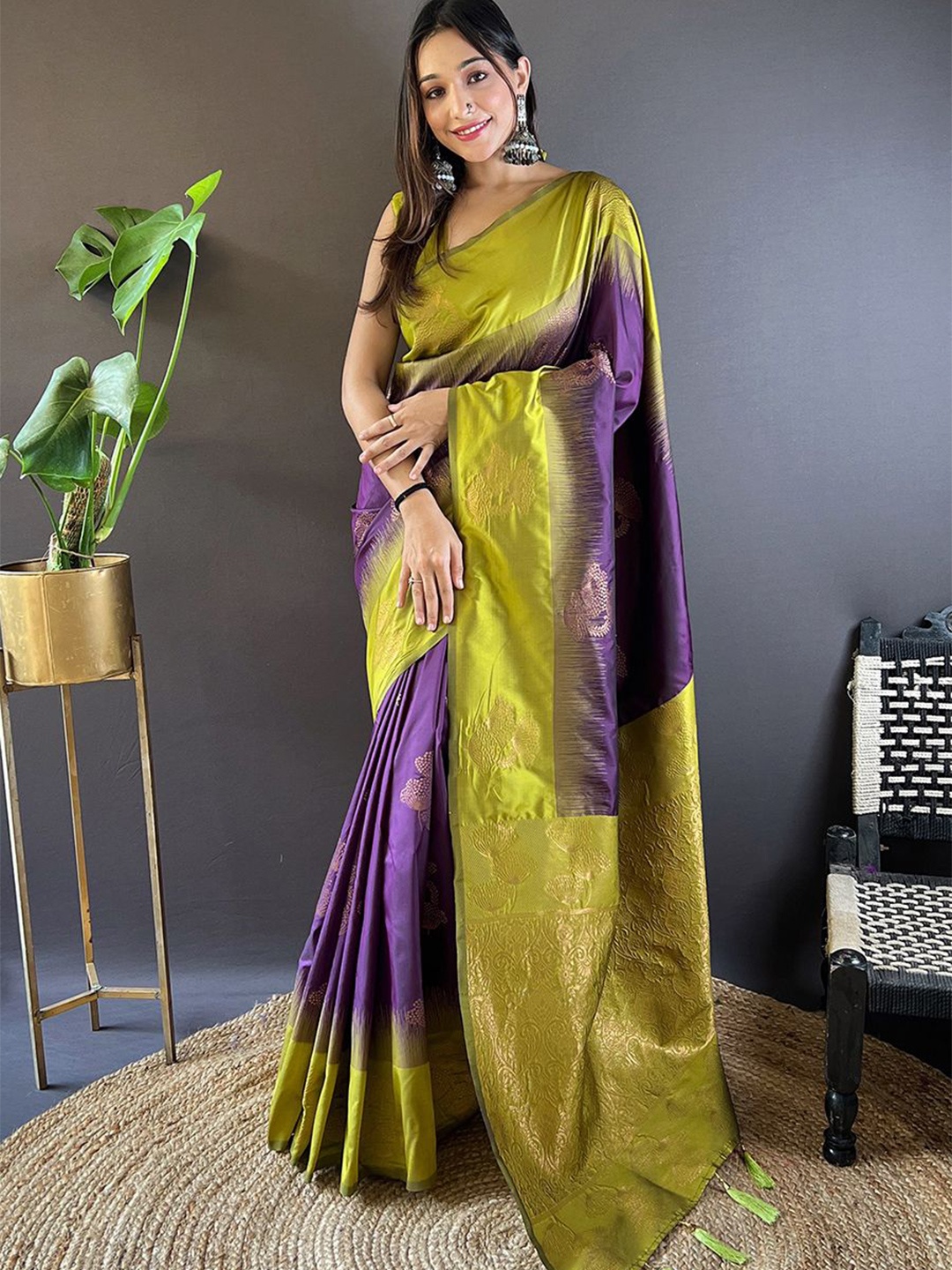 

all about you Woven Design Zari Silk Blend Banarasi Saree, Magenta