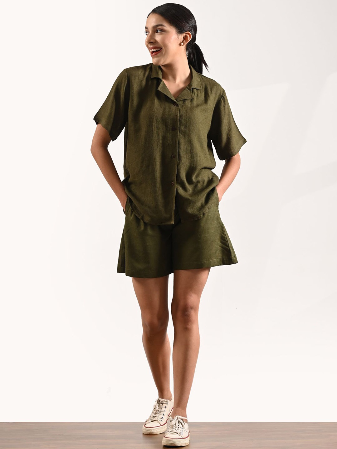 

Saltpetre Women Olive Cuban Collar Shirt With Short Co-Ord Set