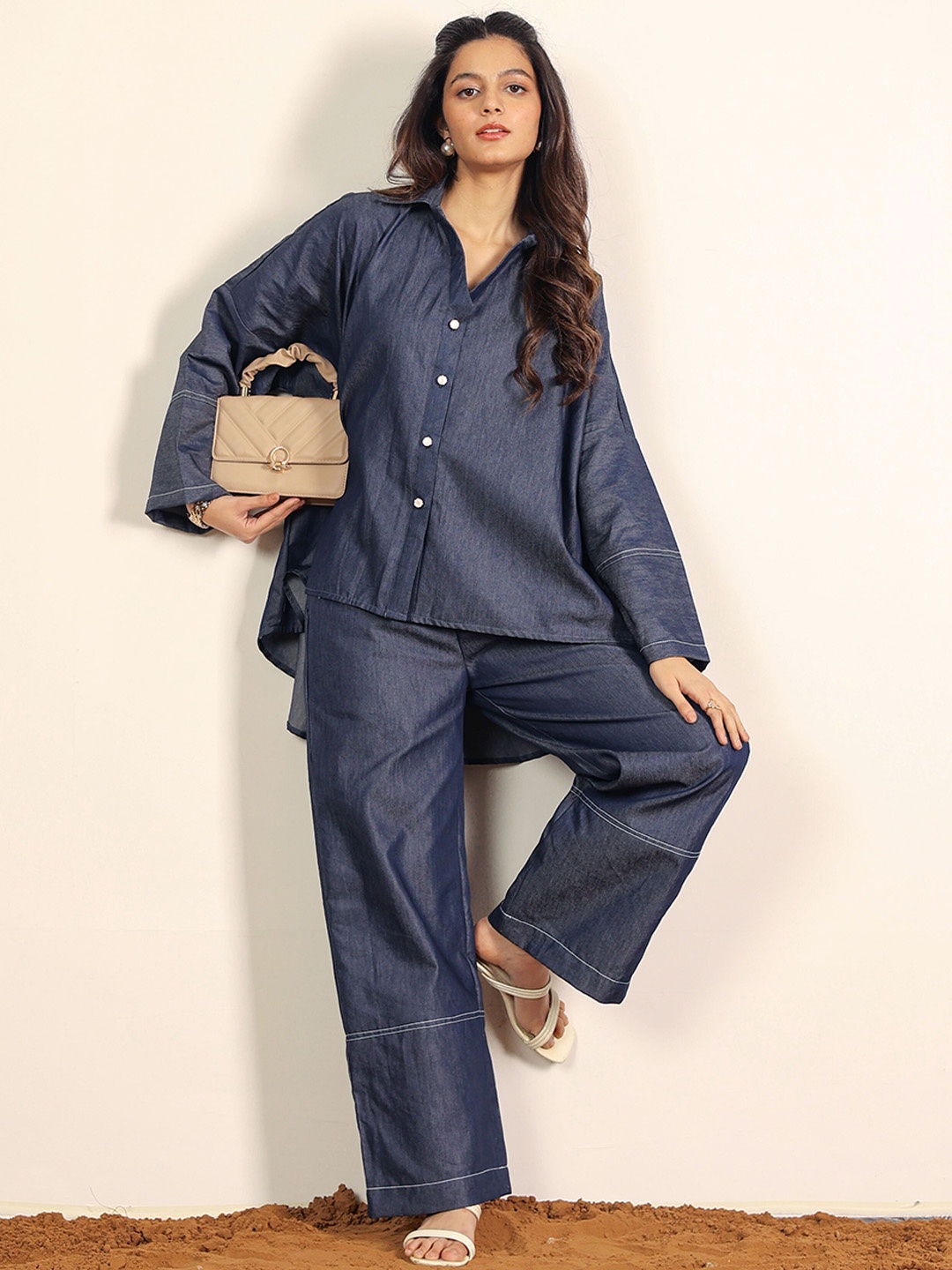 

KAORI BY SHREYA AGARWAL Pure Cotton Shirt Collar Shirt With Trousers Co-Ords, Navy blue