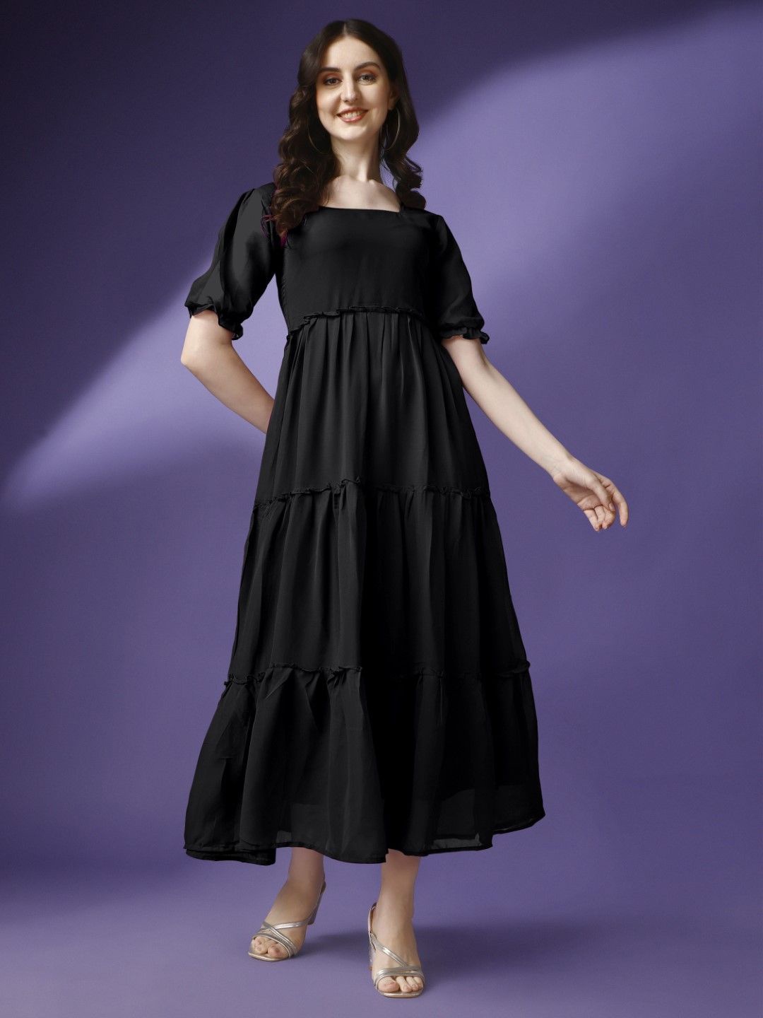 

Raiyani Fashion Bell Sleeve Applique Georgette Fit & Flare Maxi Dress, Black