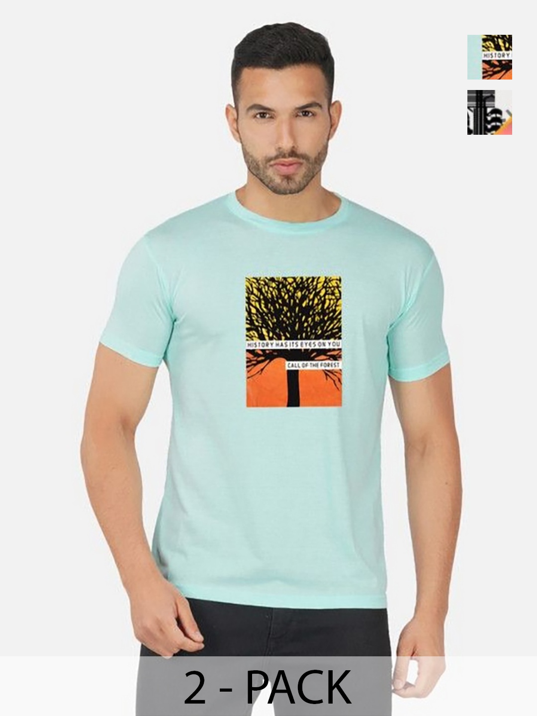 

GLOBAL NOMAD Men 2 Printed Bio Finish Applique T-shirt, Mustard
