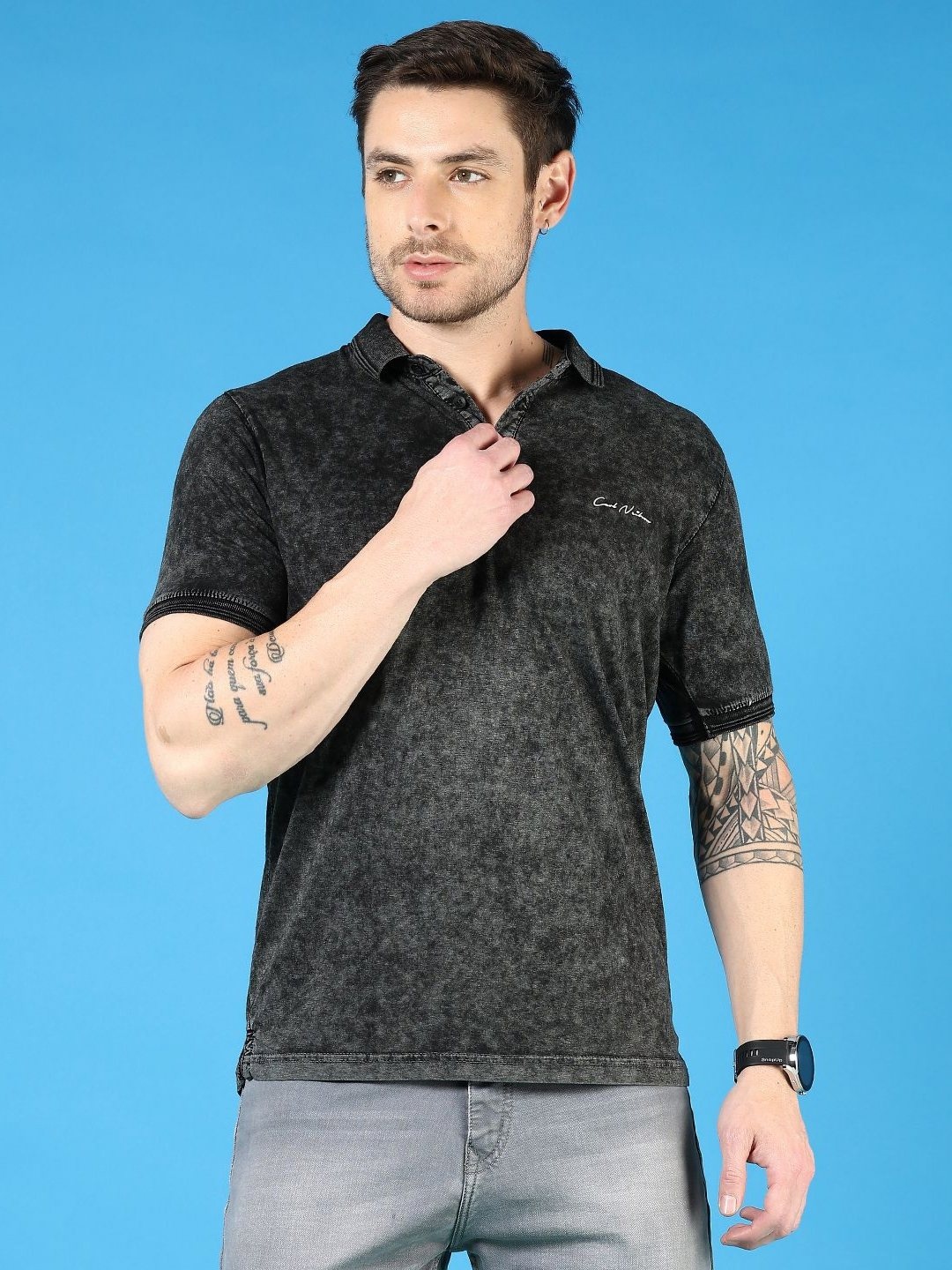 

V-Mart Men Floral Polo Collar Pockets T-shirt, Black