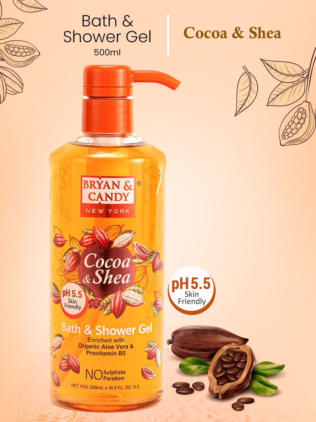 

BRYAN & CANDY NEW YORK Cocoa & Shea Shower Gel- 500 ml, Yellow