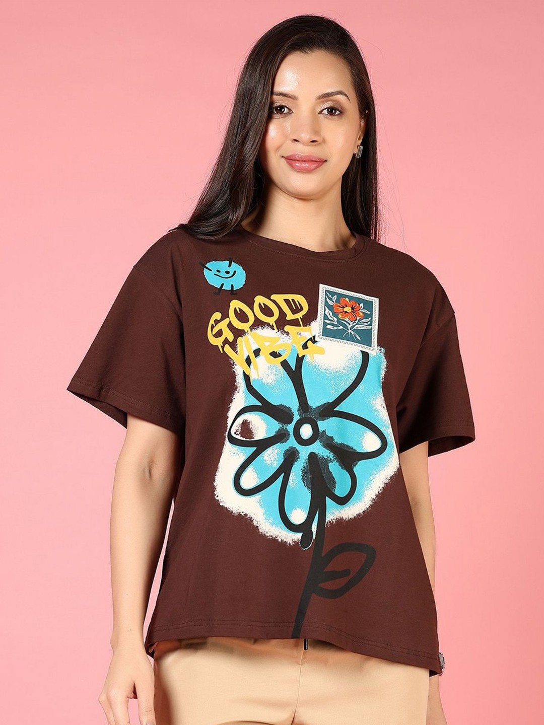 

V-Mart Women Extended Sleeves Raw Edge T-shirt, Brown