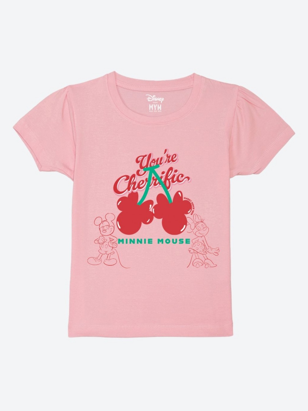 

Wear Your Mind Girls Minnie Mouse Printed Puff Sleeves Pure Cotton T-shirt, Pink
