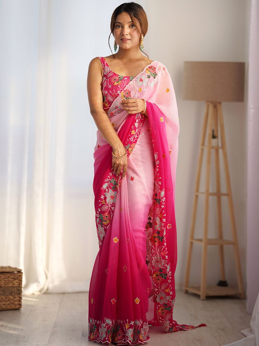 

LeeliPeeri Designer Floral Sequinned Poly Georgette Saree, Pink