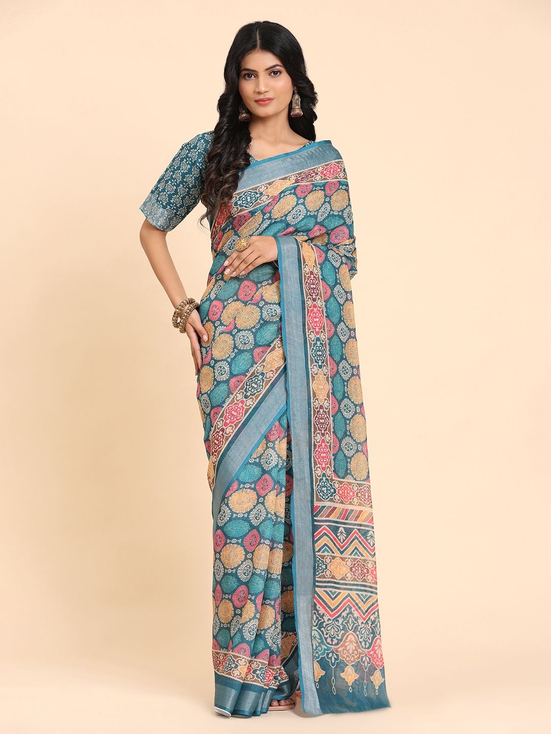 

BAPS Floral Zari Pure Linen Saree, Blue