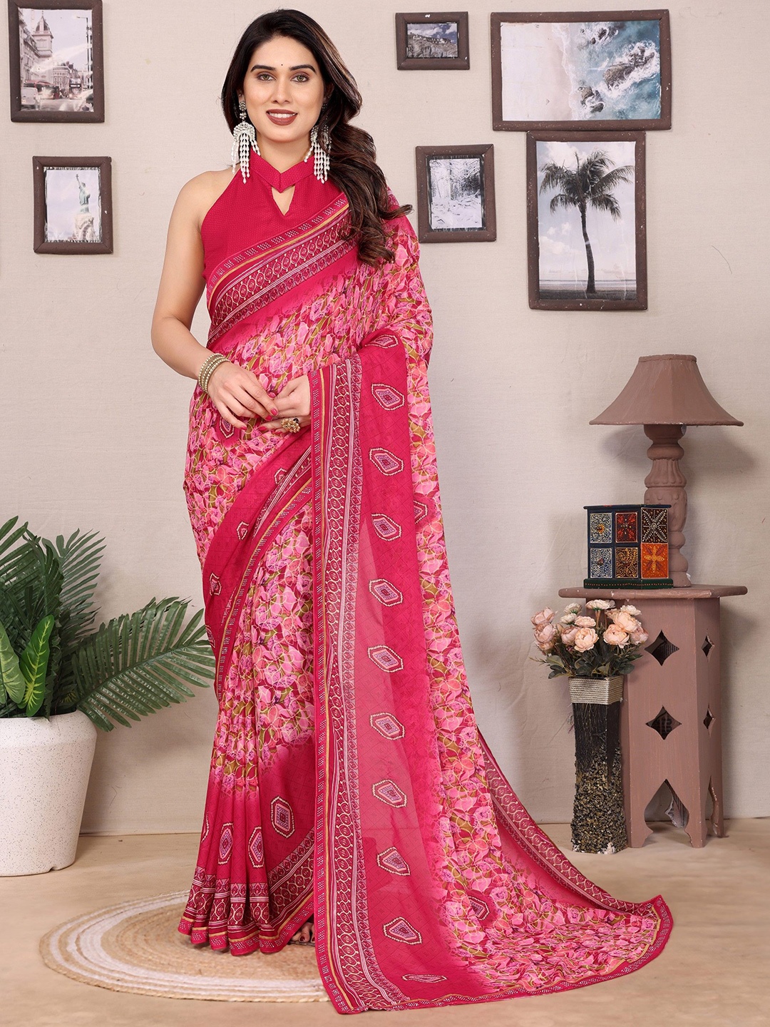 

Moda Rapido Floral Beads and Stones Poly Georgette Saree, Pink