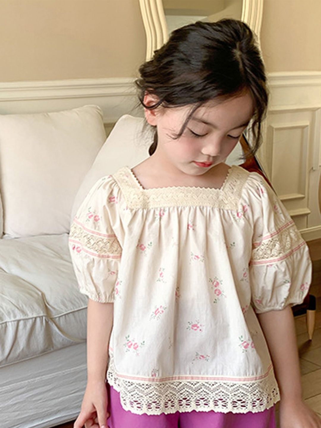 

LULU & SKY Floral Bell Sleeve Top, Beige