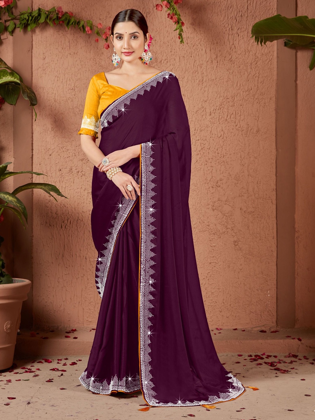 

PAYAL CREATION Beads and Stones Pure Georgette Saree, Purple