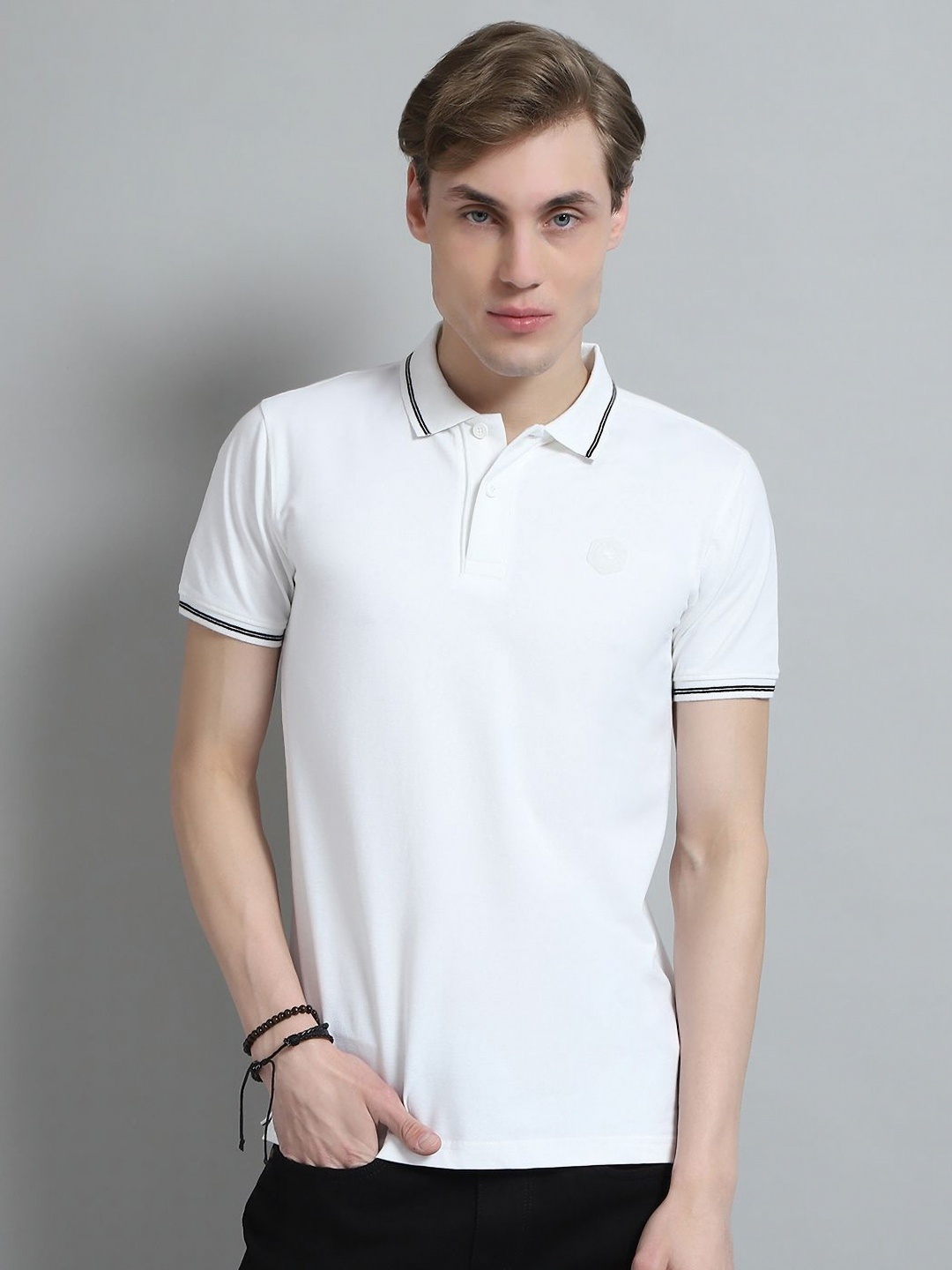 

Monte Carlo Men Polo Collar Applique T-shirt, White