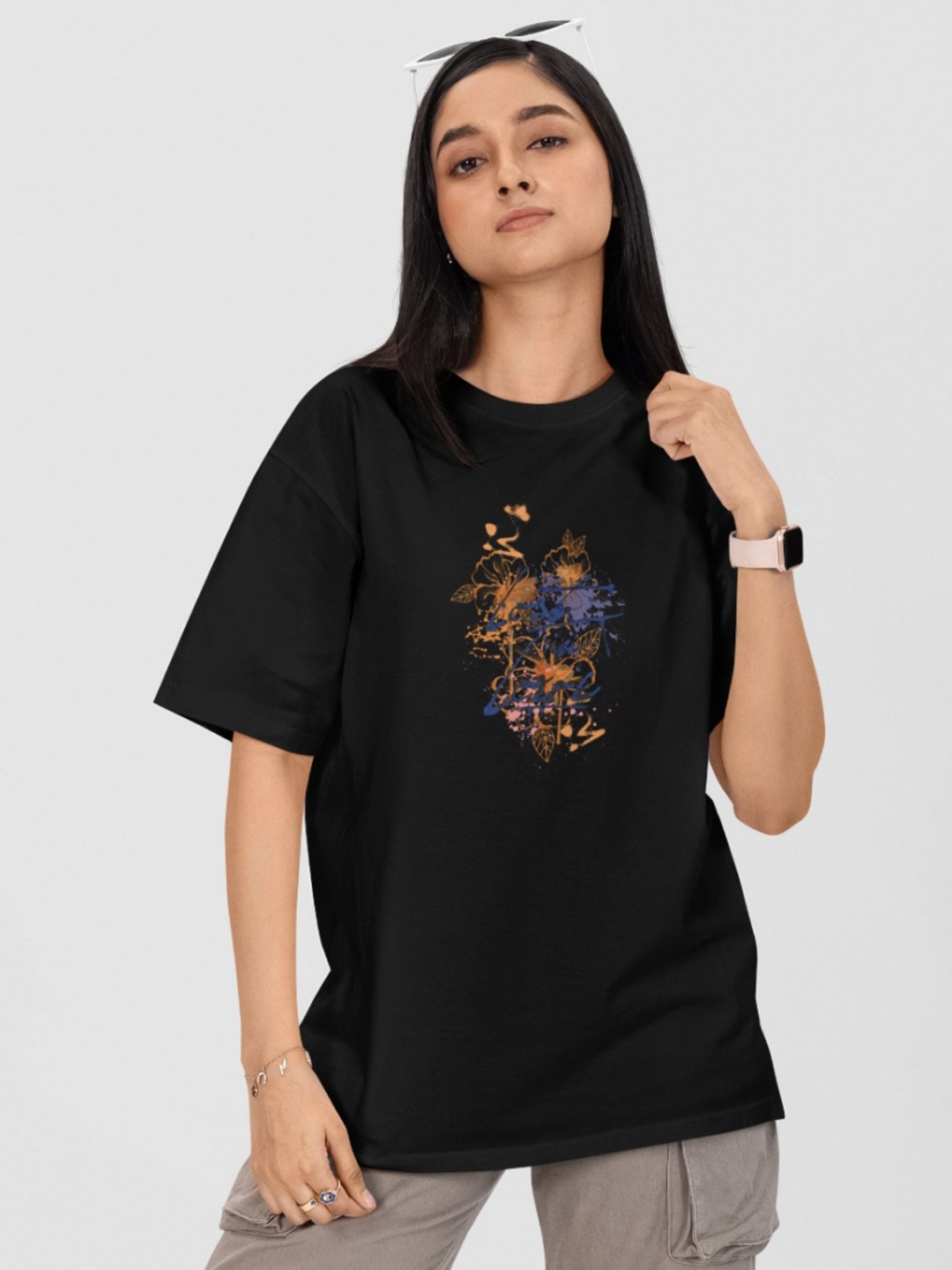 

Moda Rapido Women Printed Drop-Shoulder Sleeves Applique T-shirt, Black