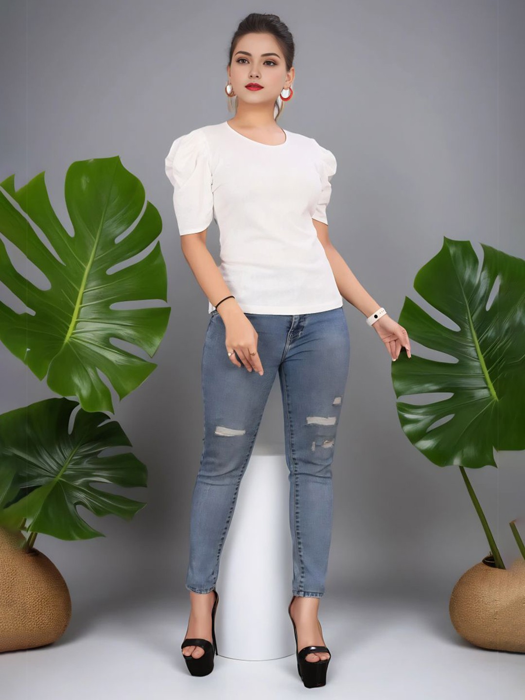 

Moda Rapido Puff Sleeve Cotton Top, White