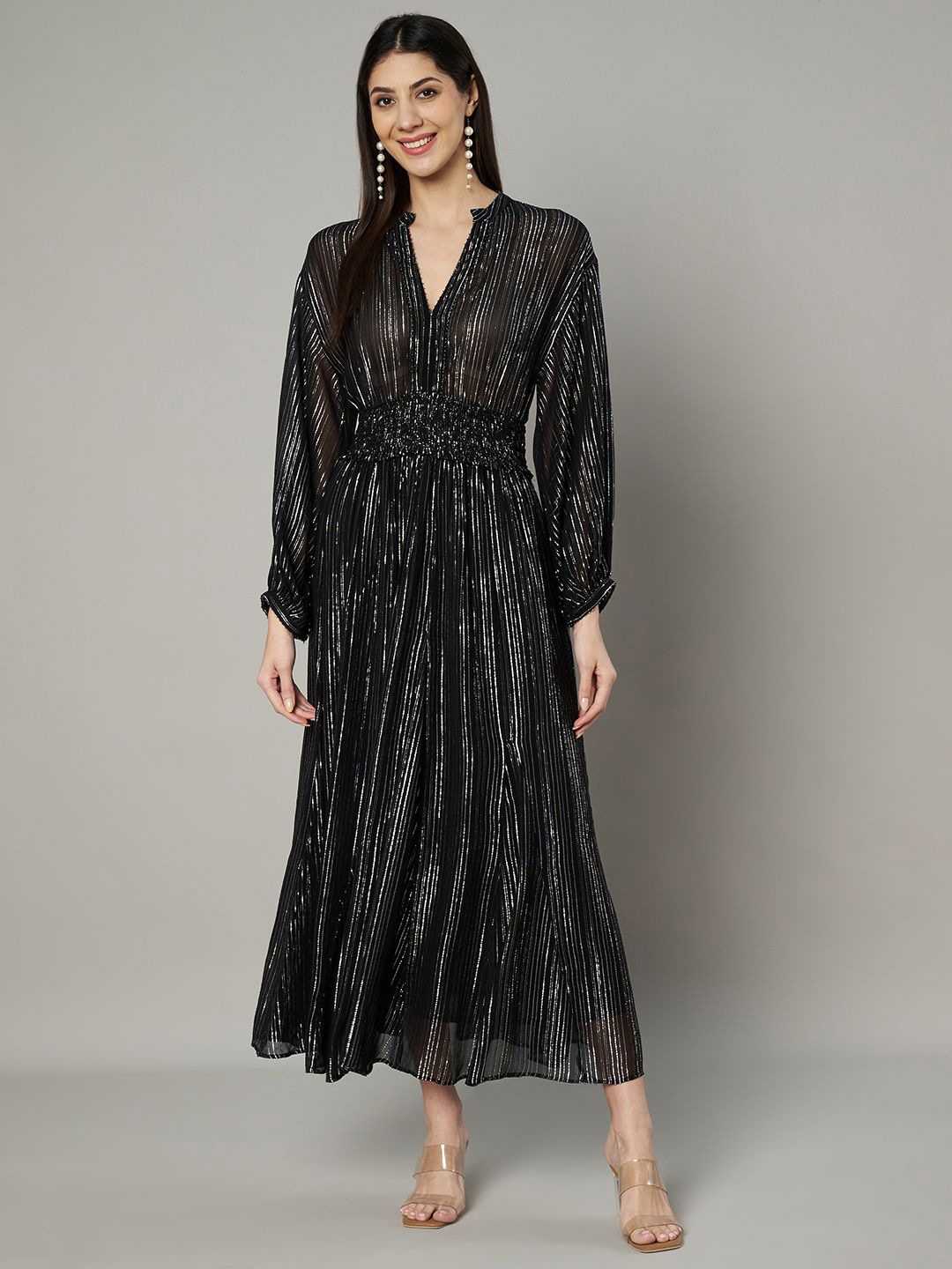 

Amagyaa Striped Georgette Maxi Dress, Black