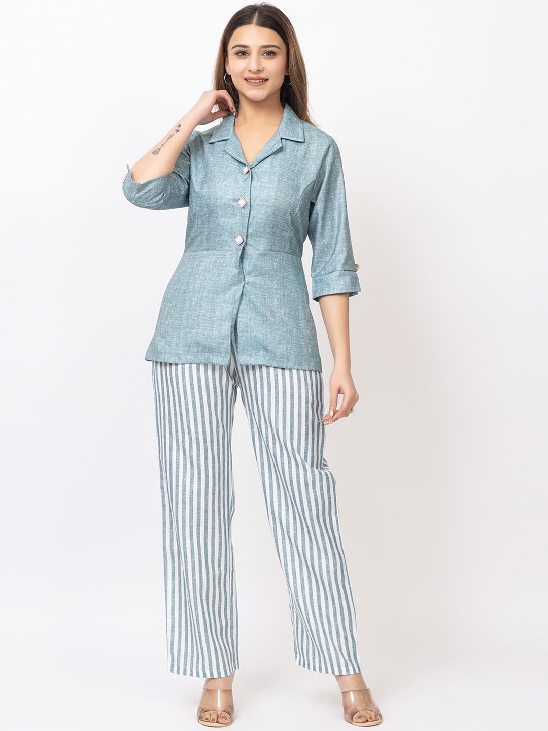 

GFO Self Design Shirt Collor Neck Shirt With Trousers Co-Ords, Blue