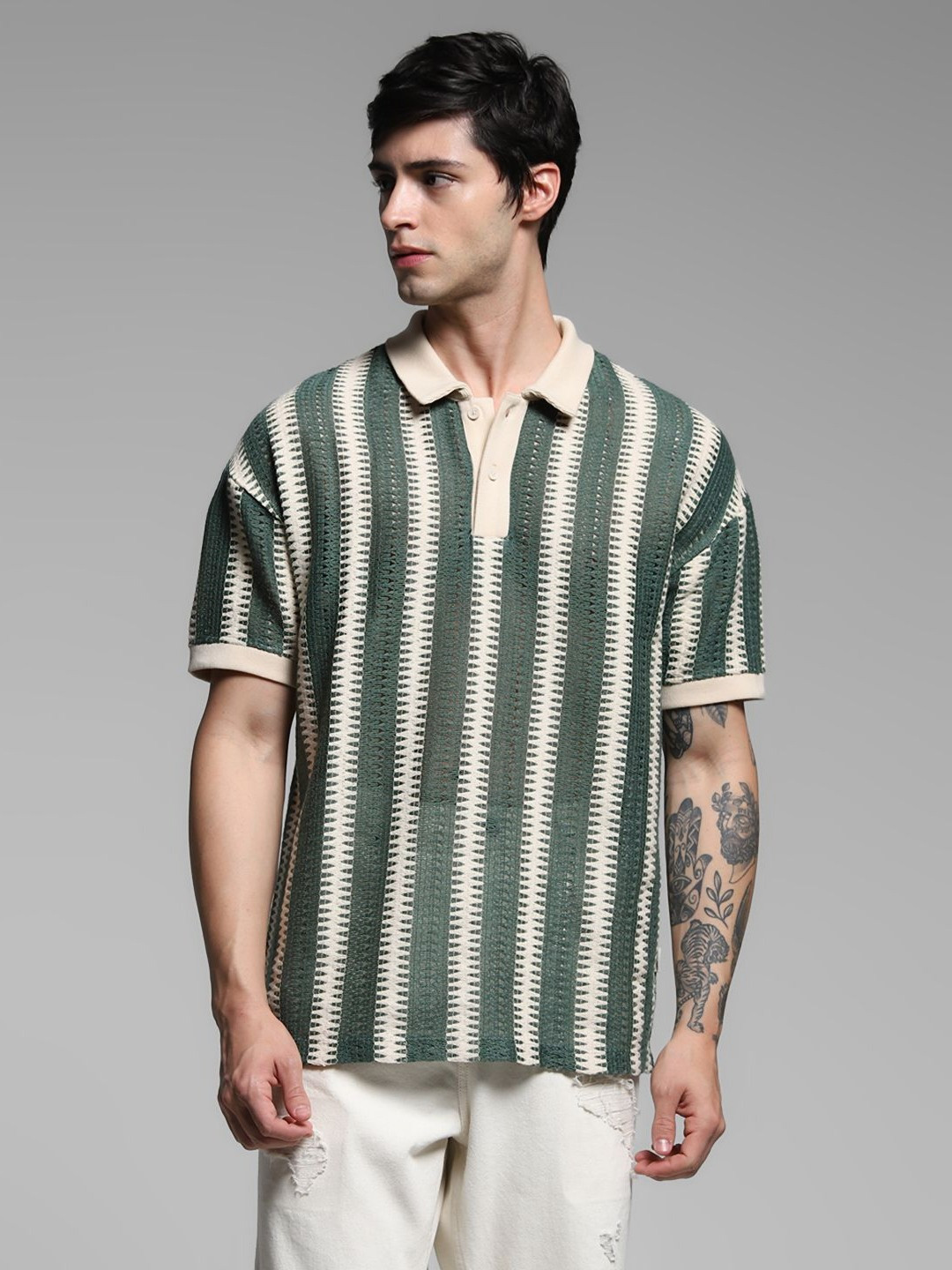 

Jack & Jones Men Striped Polo Collar Pockets T-shirt, Green