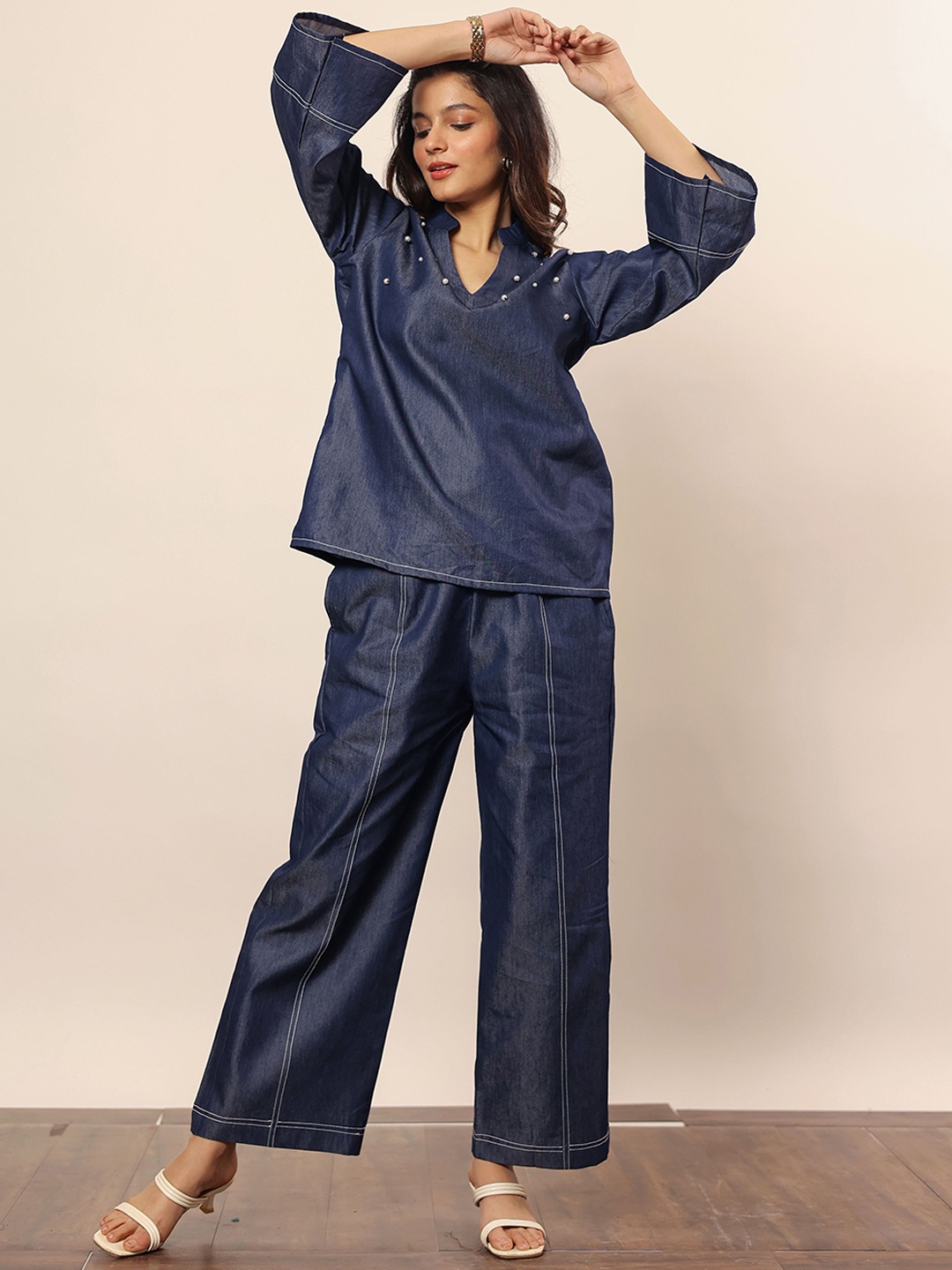 

KAORI BY SHREYA AGARWAL Embellished Cotton Top With Trousers Co-Ords, Navy blue