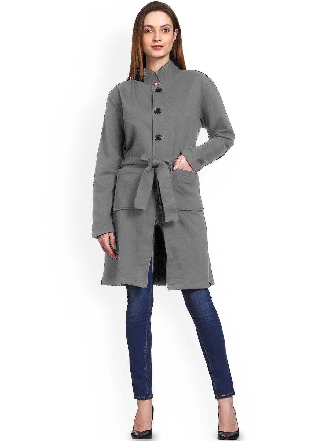 

ROARERS Mock Collar Long Sleeves Single Breasted Above Knee Coat, Grey