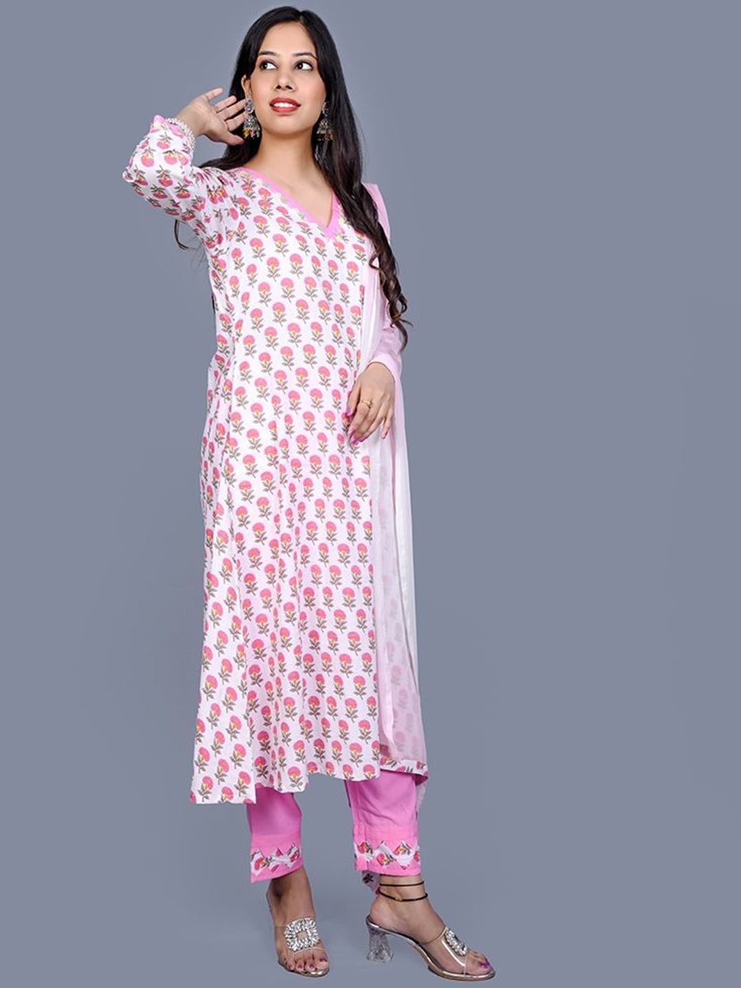 

Mishy Women Floral Printed High Slit Pure Cotton Kurta with Trousers & With Dupatta, White