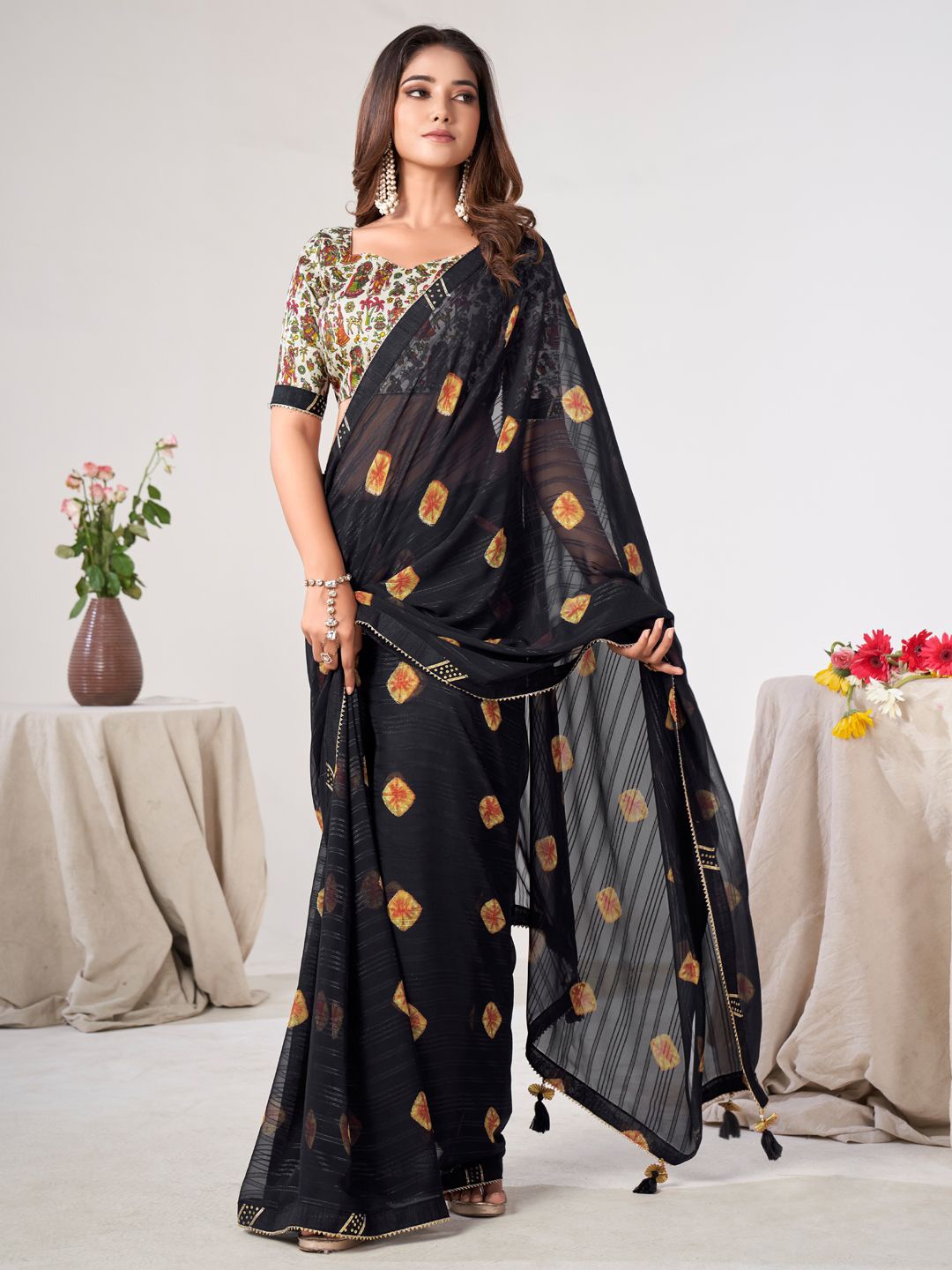 

LeeliPeeri Designer Bandhani Gotta Patti Poly Georgette Saree, Black