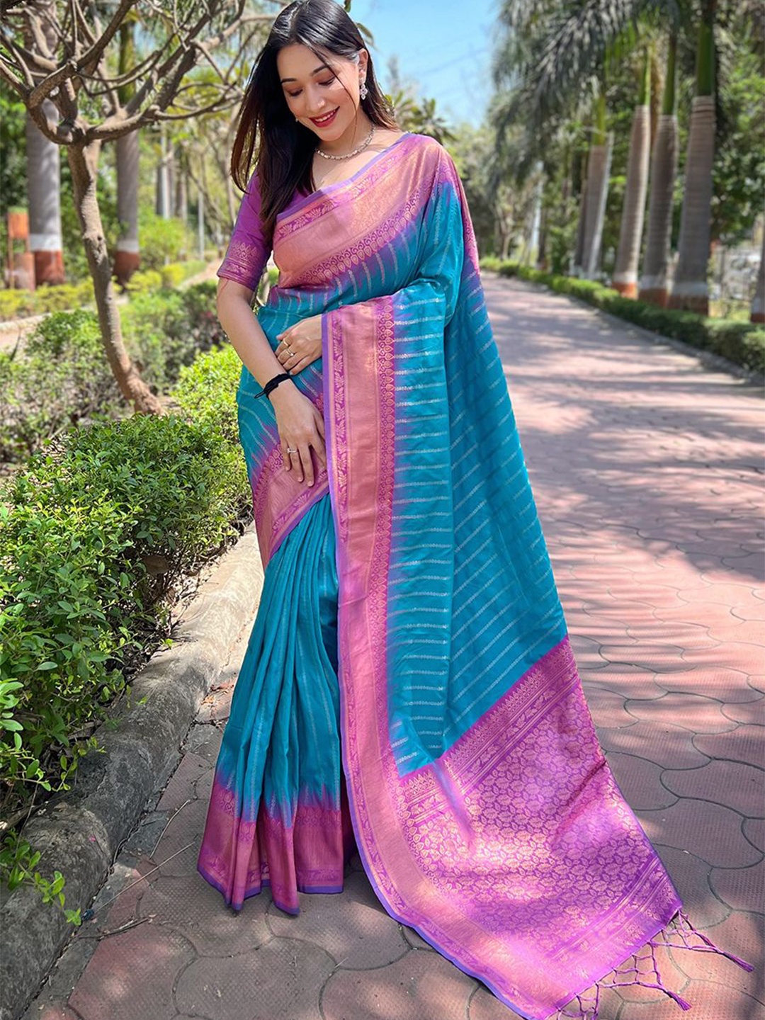 

all about you Woven Design Zari Silk Blend Banarasi Saree, Blue