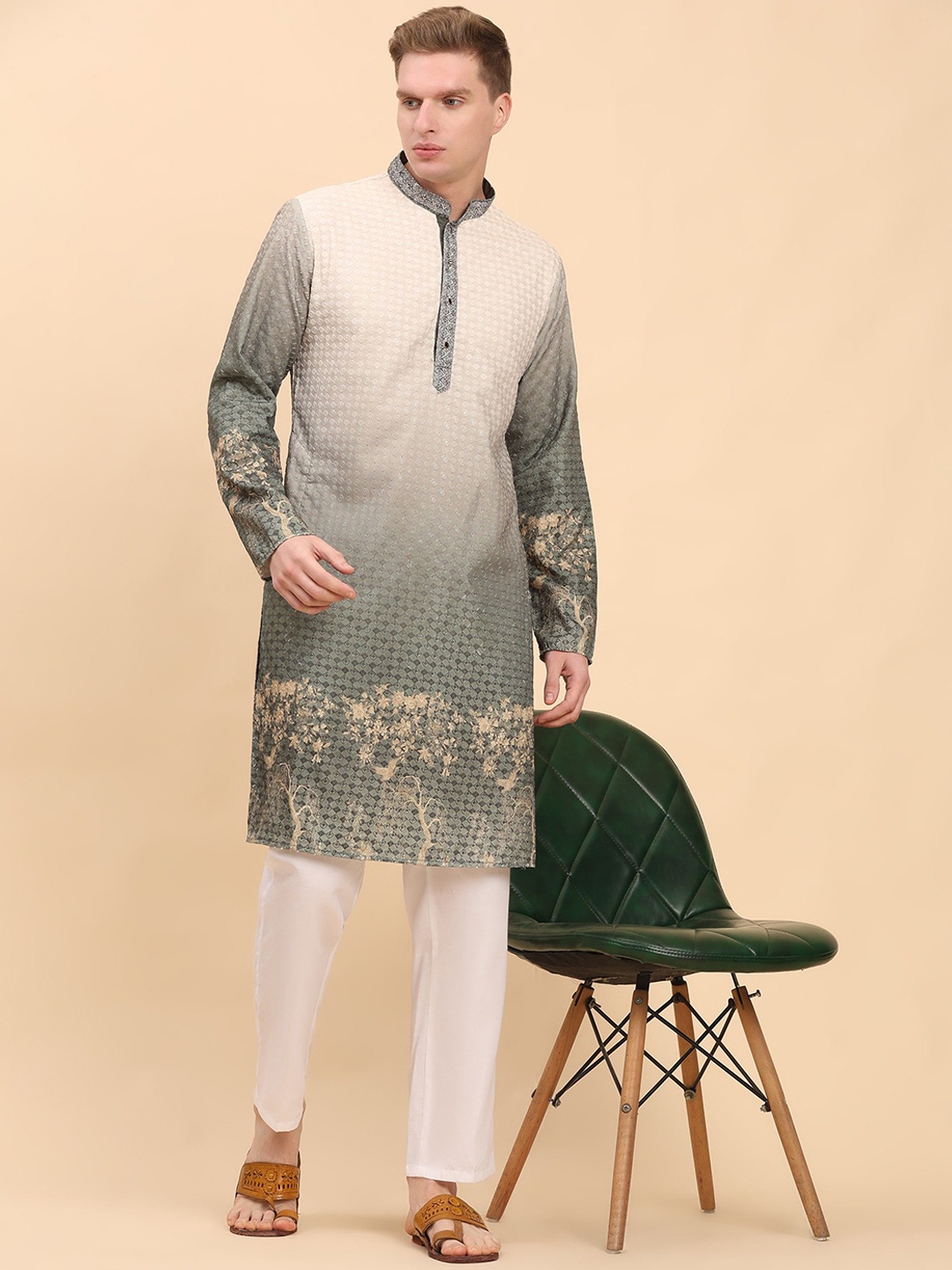 

Pro-Ethic STYLE DEVELOPER Men Chevron Checked Patchwork Jacquard Kurta, Green