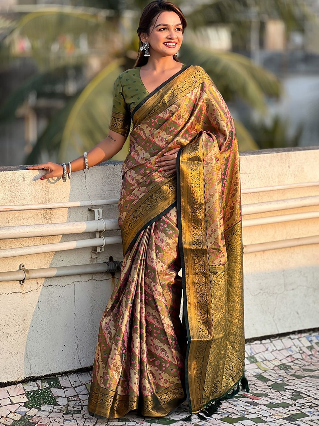 

all about you Woven Design Zari Silk Blend Dharmavaram Saree, Green
