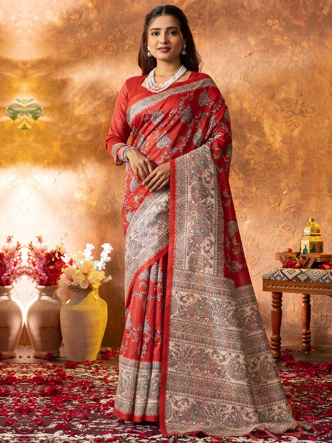 

Saree mall Ethnic Motifs Silk Cotton Tussar Sarees, Red