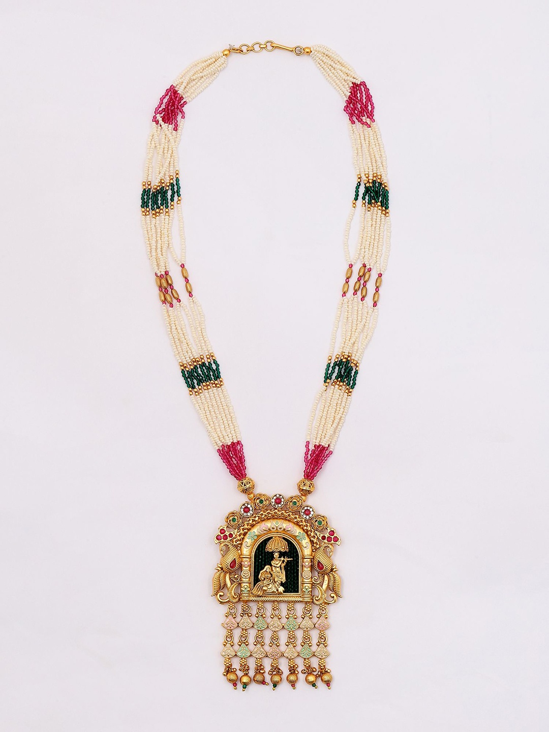 

Exotic India Beaded Multi Strand Long Radha Krishna Necklace & Earring Set, Gold