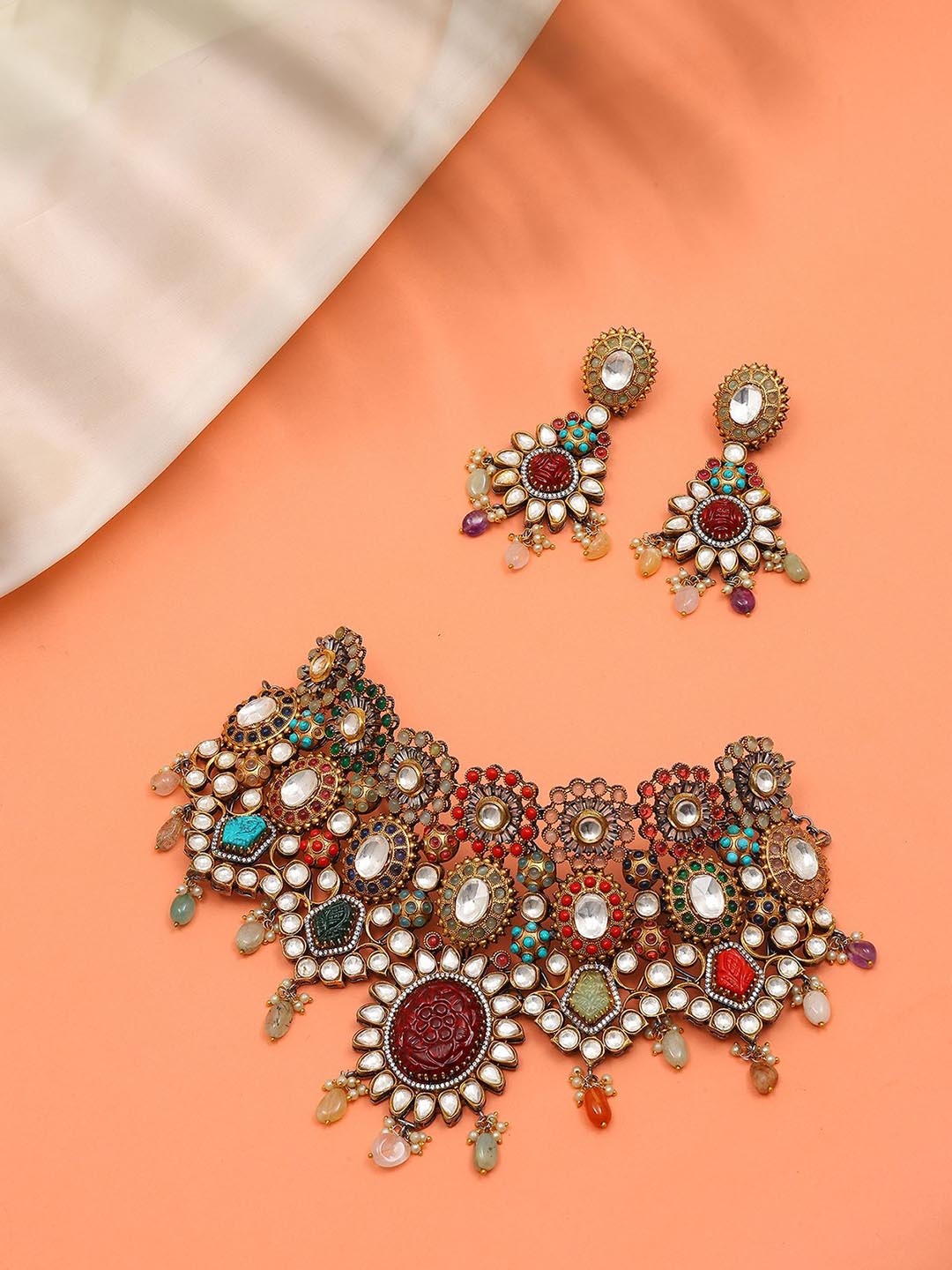 

Exotic India Padmavati Multi Stone Studded Choker Necklace Set With Earrings, Gold