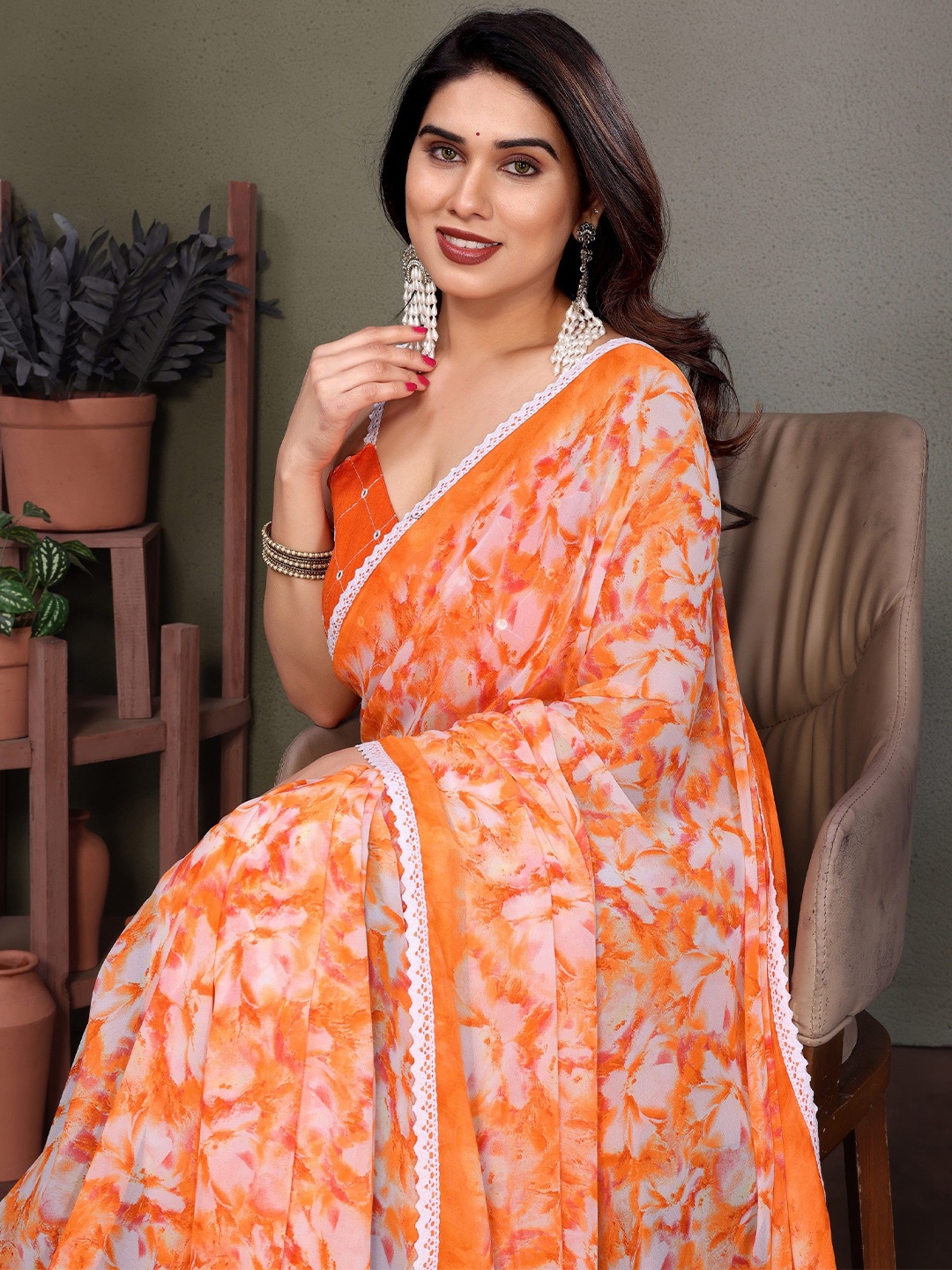

Moda Rapido Floral Gotta Patti Pure Georgette Saree, Orange
