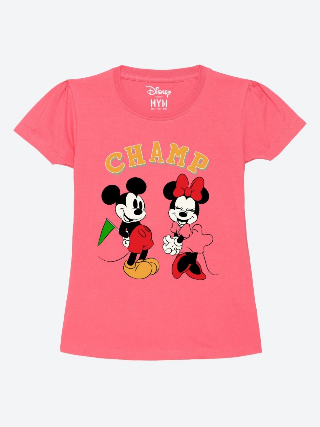 

Wear Your Mind Girls Minnie Mouse Printed Puff Sleeves Pure Cotton T-shirt, Pink