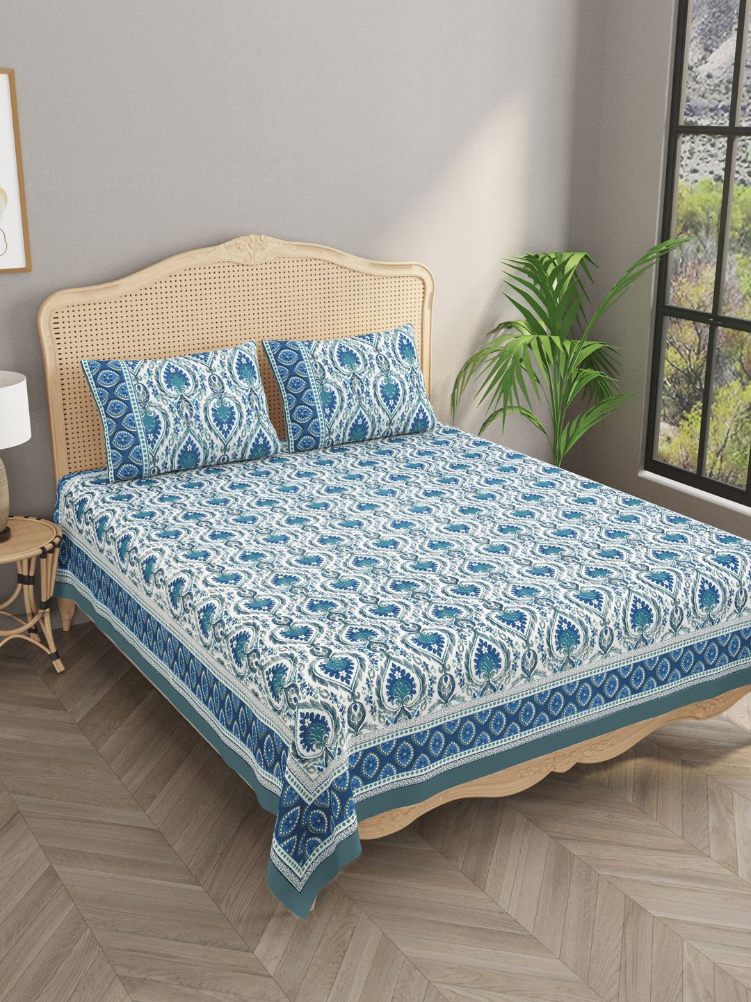 

Gulaab Jaipur White & Blue Ethnic Motifs 400 TC King Bedsheet with 2 Pillow Covers