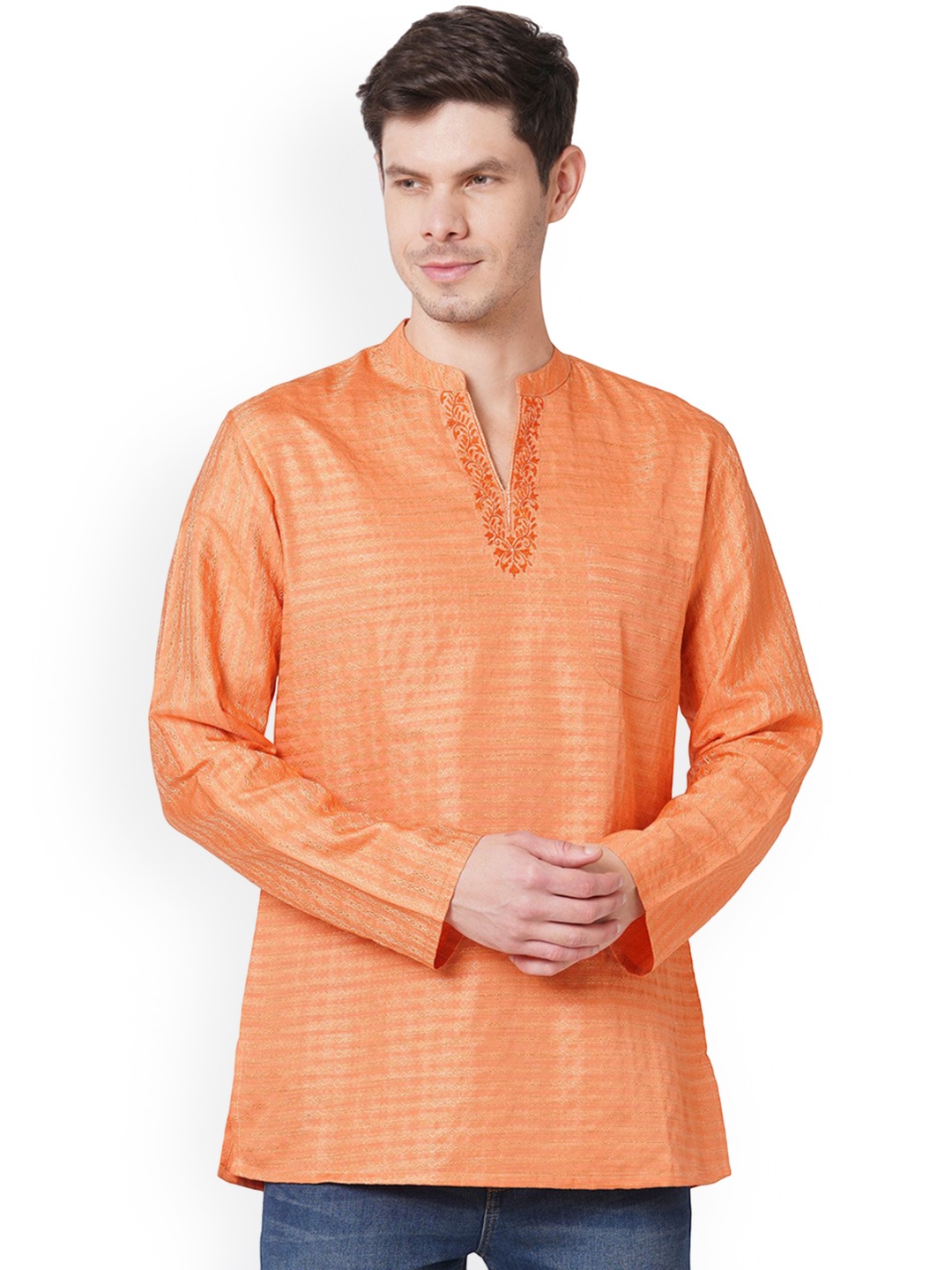 

Arch element Men Embroidered Flared Sleeves Thread Work Kurta, Orange