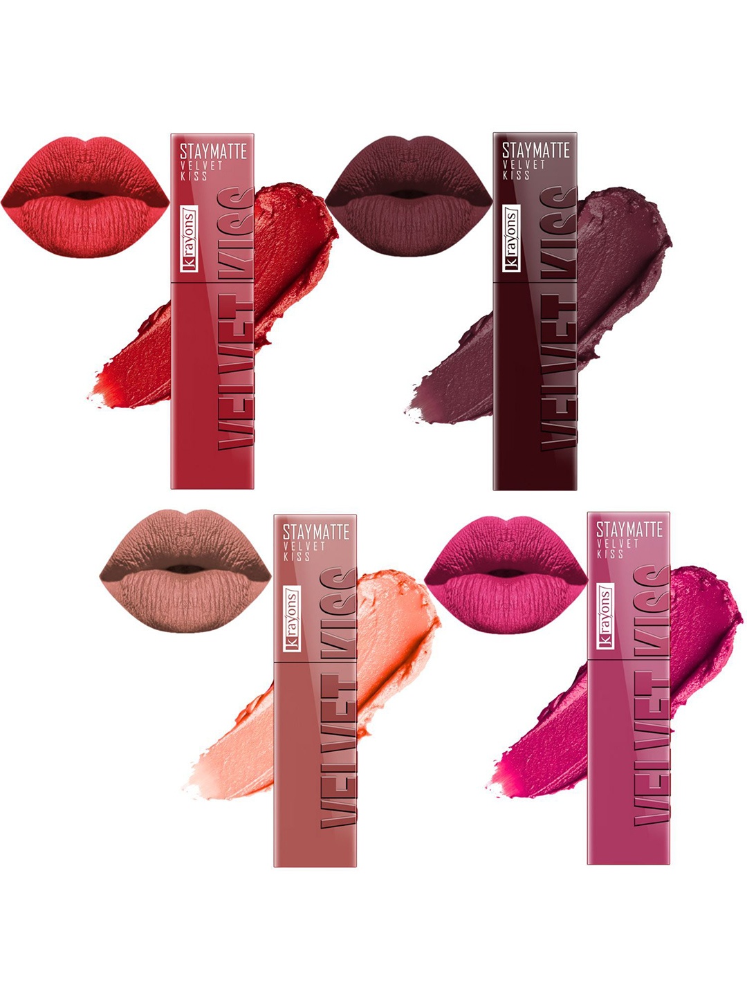 

krayons StayMatte Velvet Kiss Set Of 4 Liquid Lipstick - Shade 01-02-05-10, Maroon