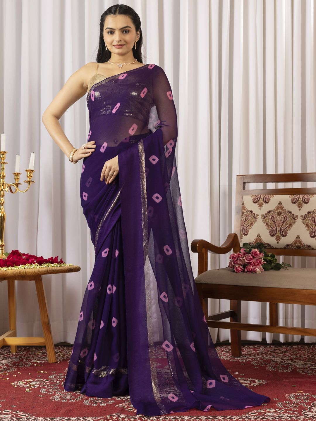 

BAPS Bandhani Pure Georgette Bandhani Saree, Purple