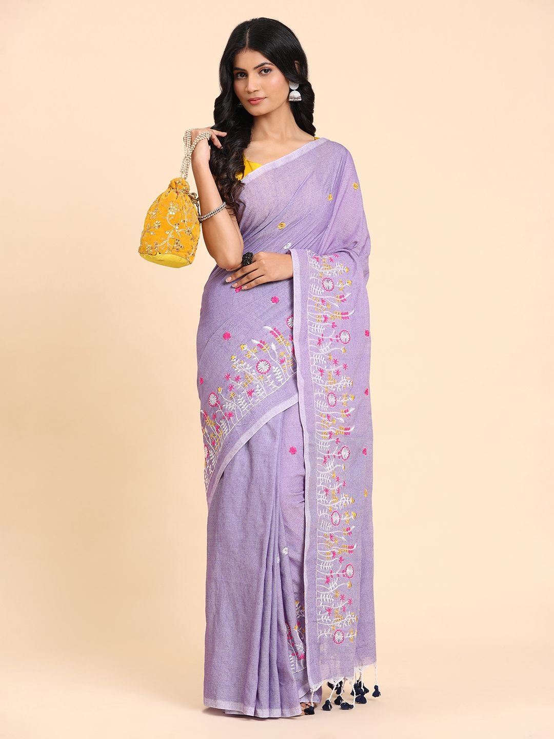 

BAPS Floral Embroidered Pure Cotton Saree, Lavender