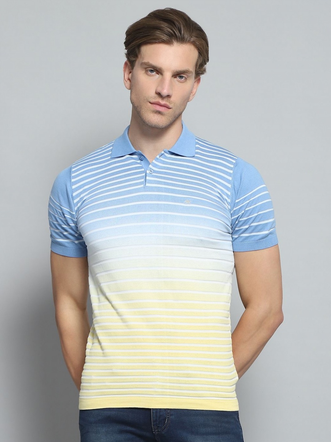 

Monte Carlo Men Striped Polo Collar Pure Cotton Pockets T-shirt, Blue