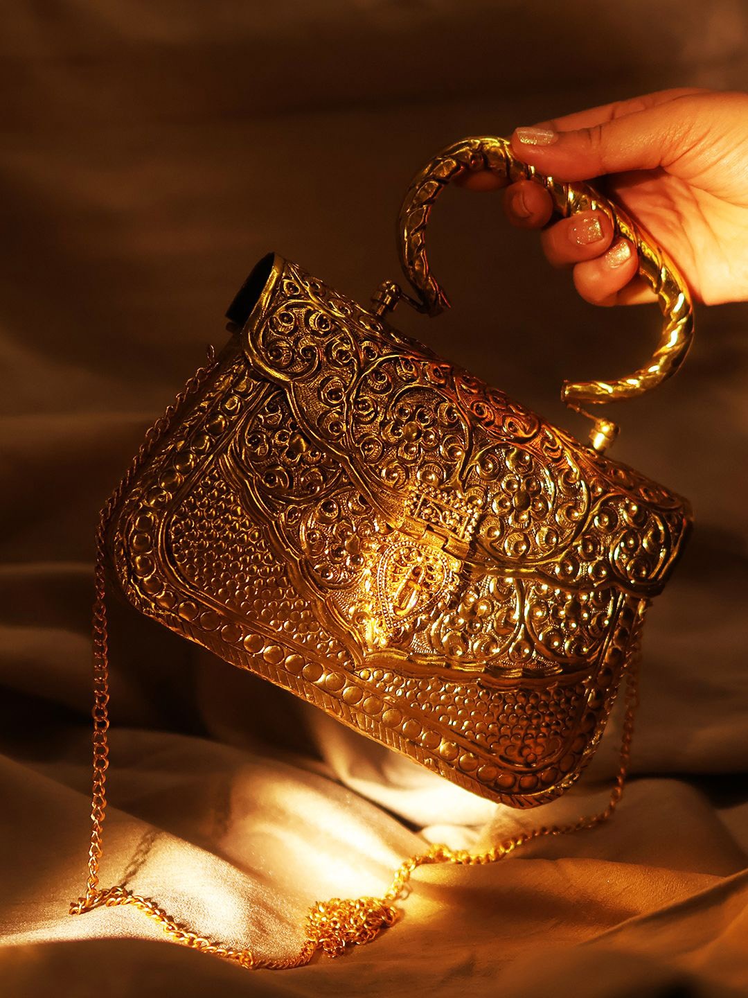 

Tasna Textured Suede Structured Sling Bag, Gold