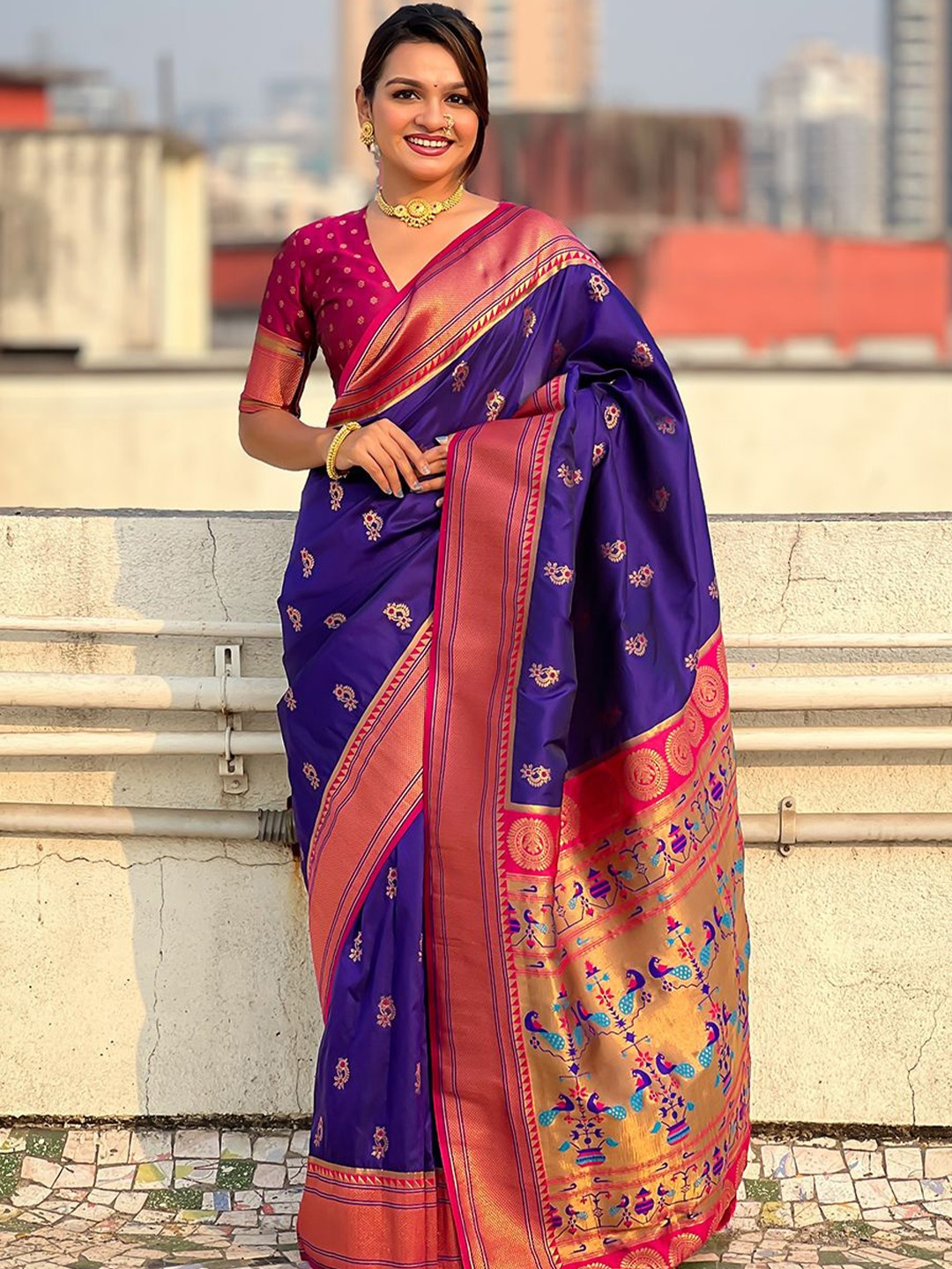 

all about you Woven Design Zari Silk Blend Paithani Saree, Violet