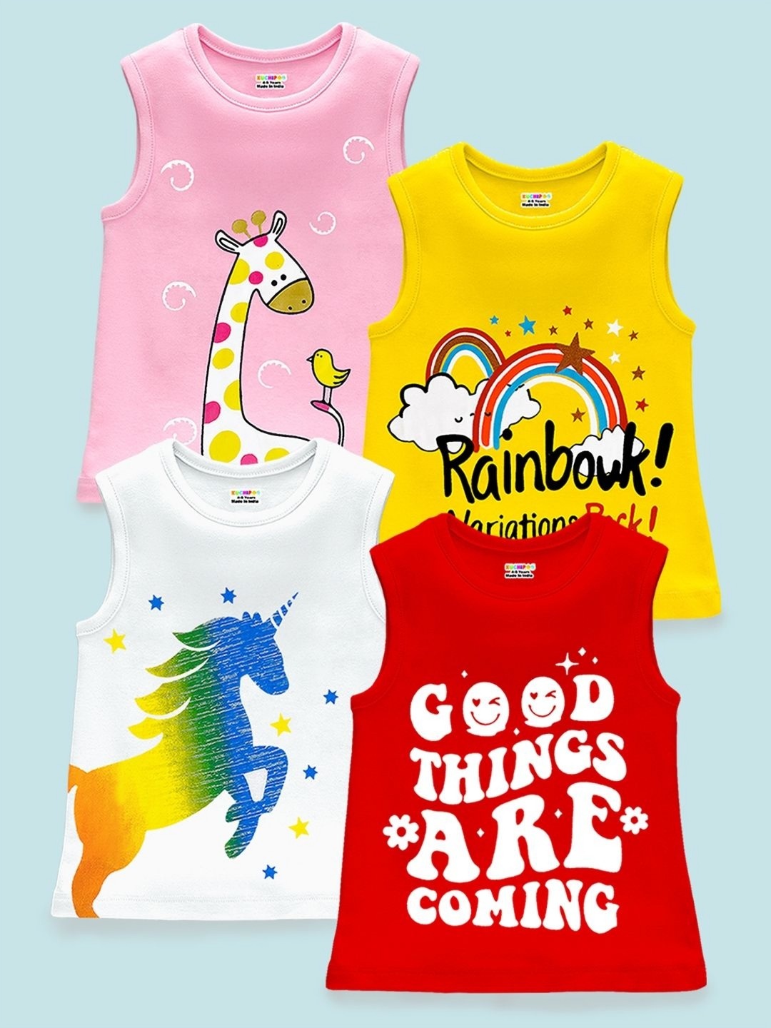 

KUCHIPOO Girls 4 Printed Applique T-shirt, Multi