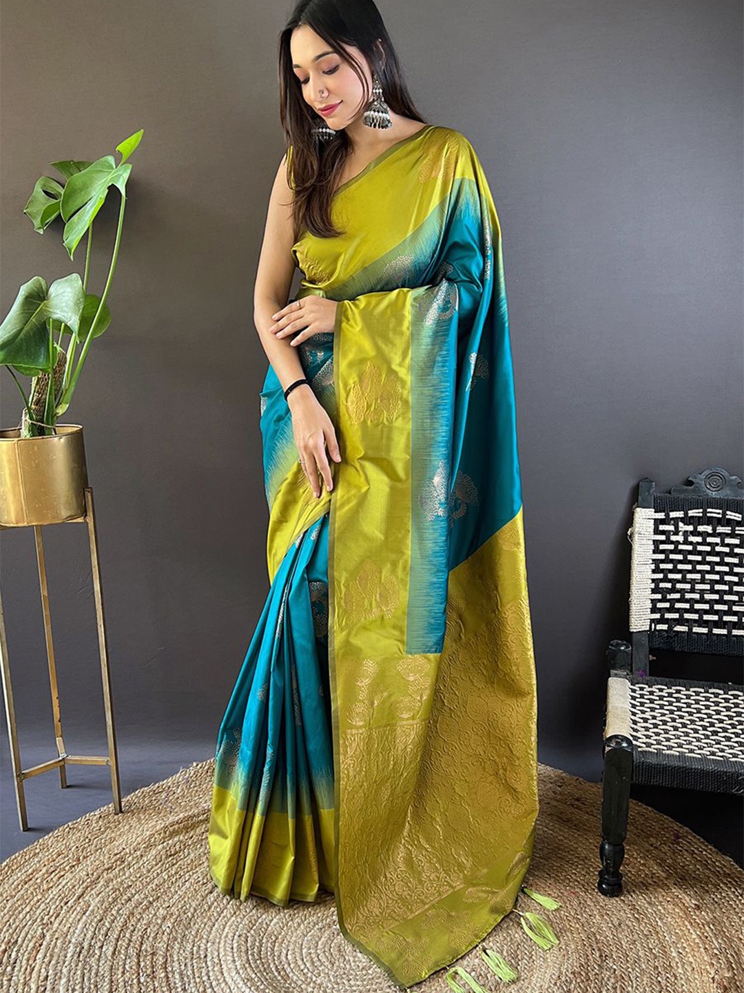 

all about you Woven Design Zari Silk Blend Banarasi Saree, Sea green
